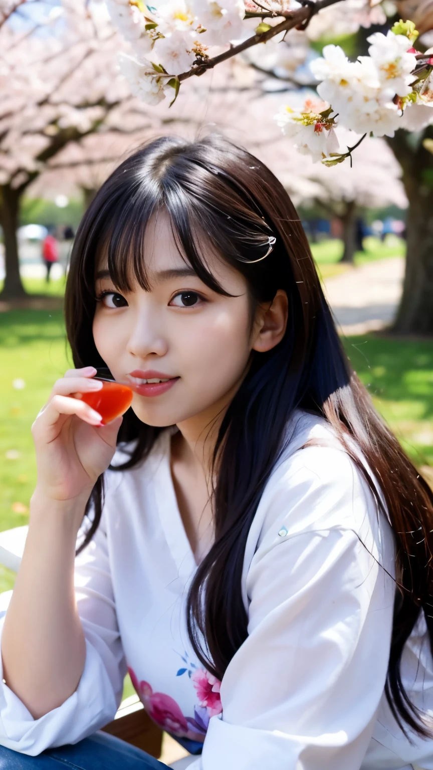 Best-quality, Masterpiece, Ultra-High-Resolution, (Photorealistic:1.4), Raw-Photo, 1girl, 15-years-old, the most famous Japanese idol, having a lot of fun at cherry blossoms viewing drinking party, wearing spring-outfit with cute-design, dynamic-pose, extremely cute drunk-face like the most popular Japanese idol, extremely beautiful big-black-drunk-eyes, extremely beautiful hair, extremely beautiful drunk-skins, extremely beautiful long-eyelashes, extremely beautiful lips, extremely beautiful short-body, extremely beautiful thighs, detailed cherry-blossoms-viewing-drinking-party