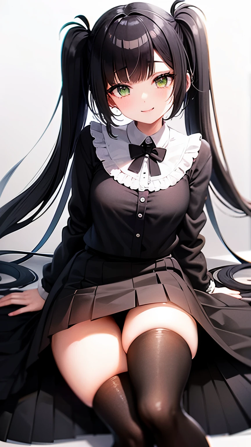 High resolution、black hair twintails、Emerald eyes、smile、Delicate、black skirt、Thighhighs