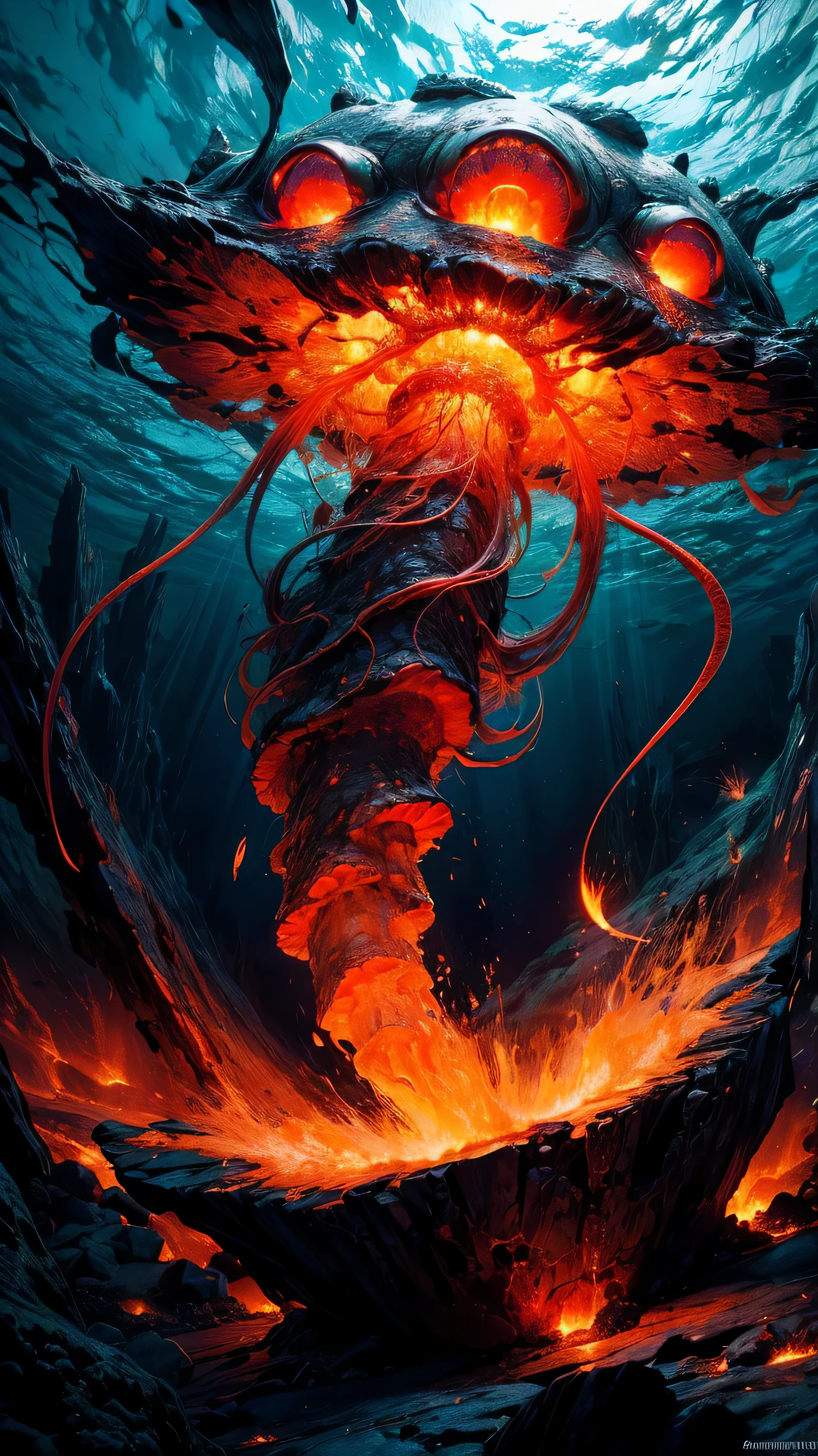 (best quality:1.2, high resolution, Super detailed, actual:1.37), lava jellyfish, Jellyfish in lava, Lava-like appearance, Vibrant red magma, Fascinating details of jellyfish, ethereal light, flowing tentacles, complex patterns, glowing red eyes, undersea environment, dark abyss, Contrasting colors, surreal atmosphere, studio lighting