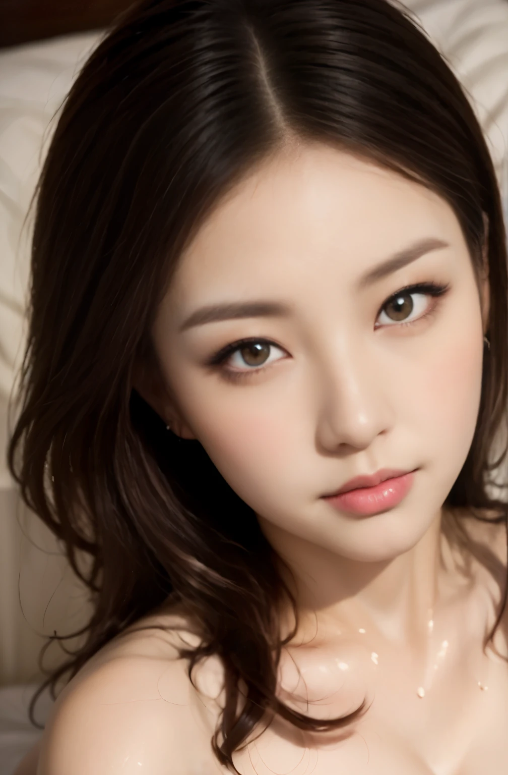 NSFW:1.5,(24 year old lover), (big breasts:1.3),(view audience),lie on the bed,((naked: 1.3)), (maximum resolution: 1.4), (super high quality: 1.2), cinematic light, super high quality,My cheeks turned red:1.2、 (beautiful eyes and skin), (detailed facial features), 8K resolution, perfect style, beautiful expression、Highly detailed face and skin texture、detailed eye、double eyelid、glitter eyeliner:1.2、shiny skin、pure white skin:1.8、white skin:1.8、red rouge、dark lipstick:1.2、shiny small earrings、wet lips:1.2,glossy lips:1.2、((full body shot:1.2))、(straight hairstyles、light brown hair)、(facing the front:1.2),long hair,frown:1.2,((ask for a kiss:1.2)),From above