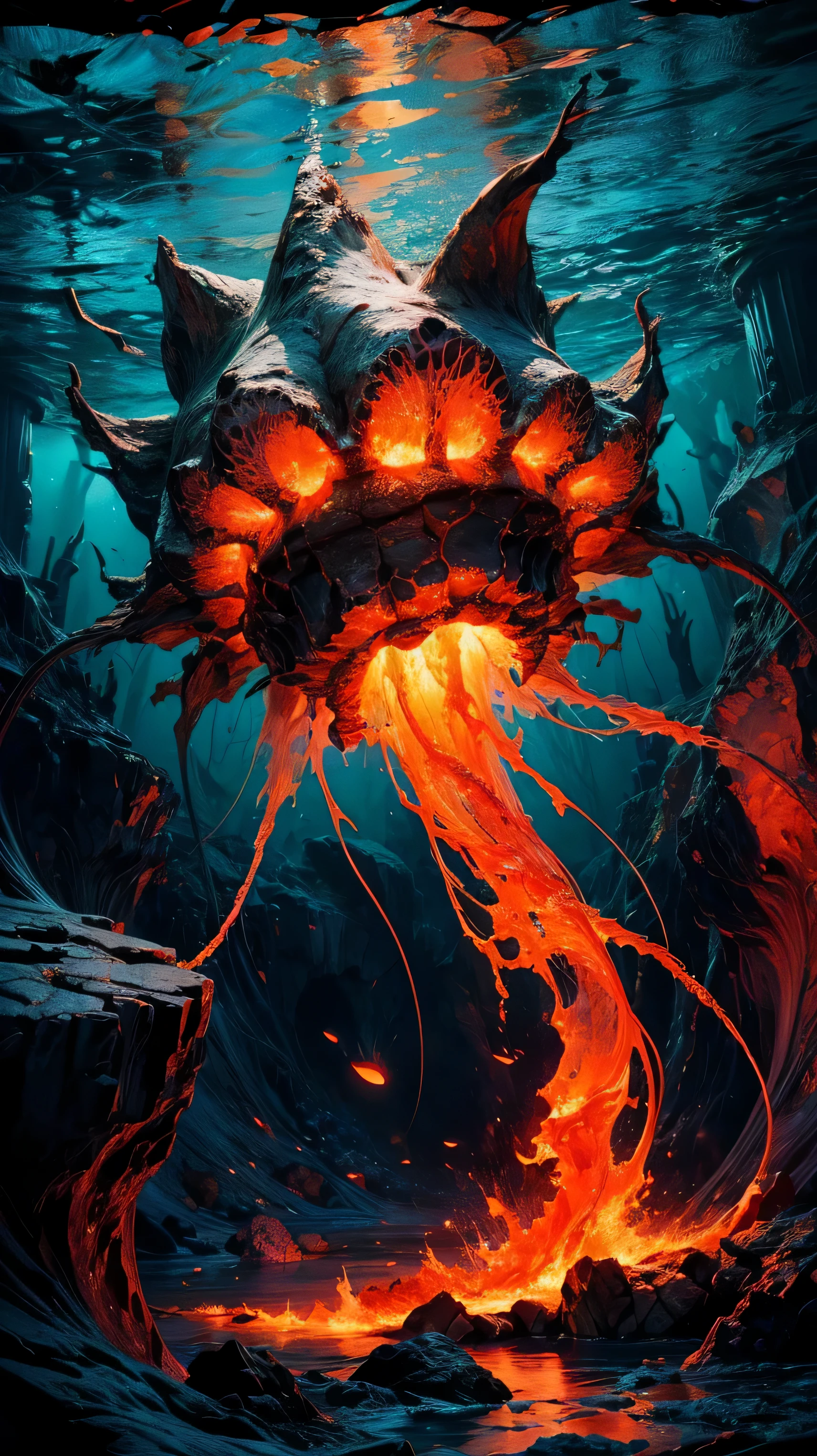 (best quality:1.2, high resolution, Super detailed, actual:1.37), lava jellyfish, Jellyfish in lava, Lava-like appearance, Vibrant red magma, Fascinating details of jellyfish, ethereal light, flowing tentacles, complex patterns, glowing red eyes, undersea environment, dark abyss, Contrasting colors, surreal atmosphere, studio lighting