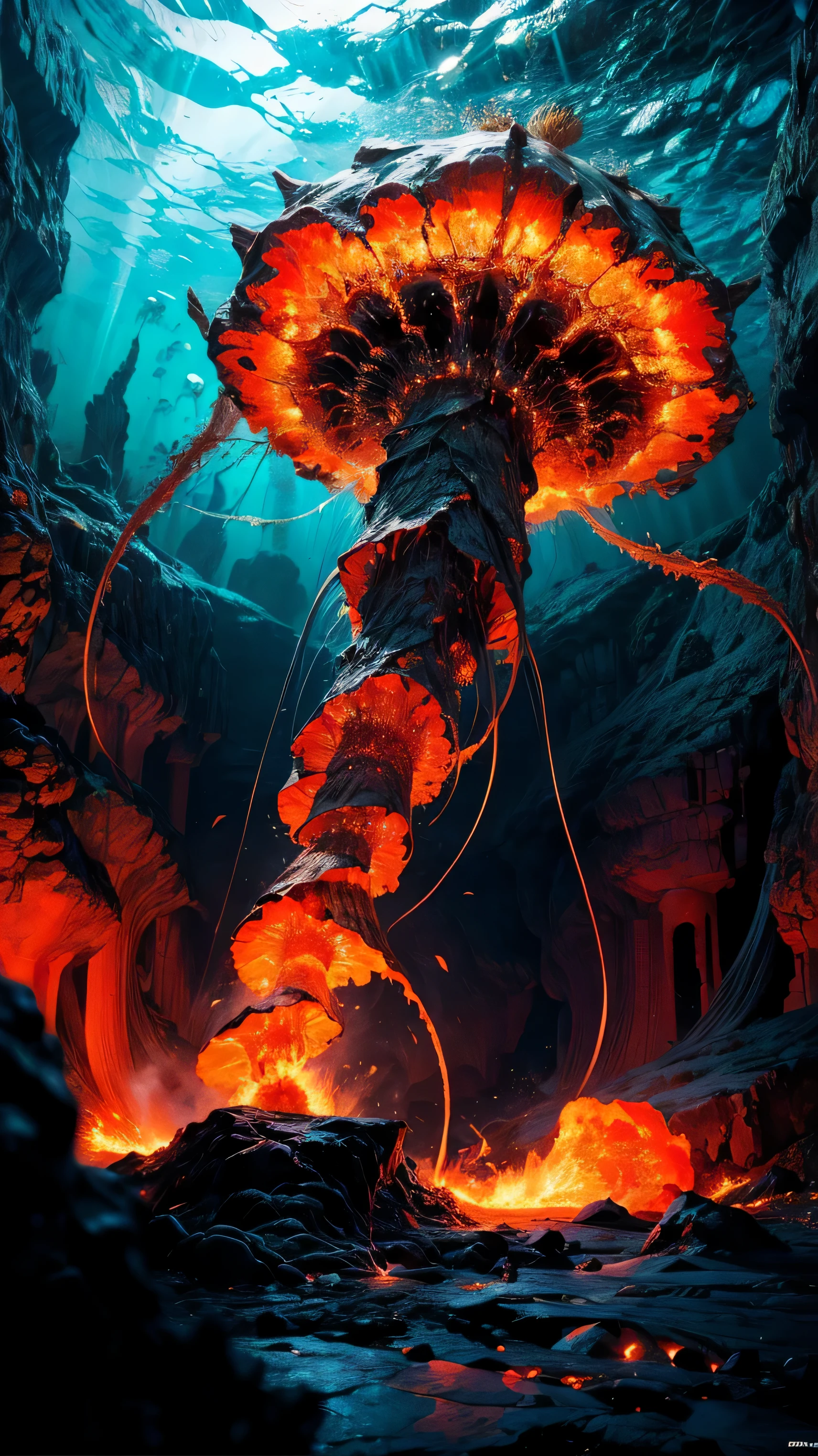 (best quality:1.2, high resolution, Super detailed, actual:1.37), lava jellyfish, Jellyfish in lava, Lava-like appearance, Vibrant red magma, Fascinating details of jellyfish, ethereal light, flowing tentacles, complex patterns, glowing red eyes, undersea environment, dark abyss, Contrasting colors, surreal atmosphere, studio lighting