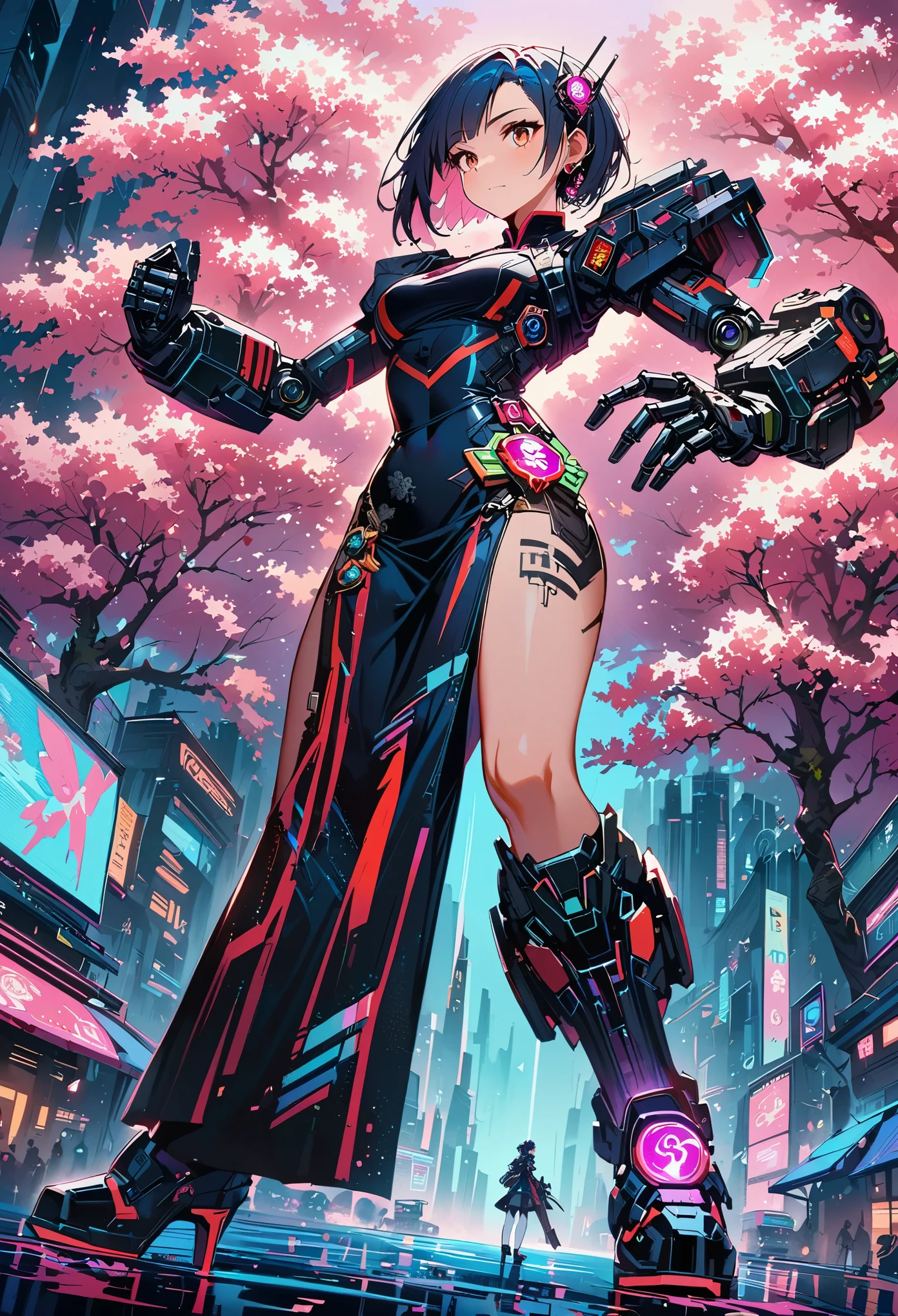 ((Vision:1.8))，((Wide-angle lens：1.5))，1 girl, Wearing a black cheongsam，Robot arms and legs，手持电动步枪的cyberpunk美女，Standing under the cherry blossom tree with pink flowers，（white socks，mechanical ceramic high heels：1.5 ），cyberpunk背景，Empty Mountain Motorcycle Style Oil Painting，futuristic style，cyberpunk，high detail