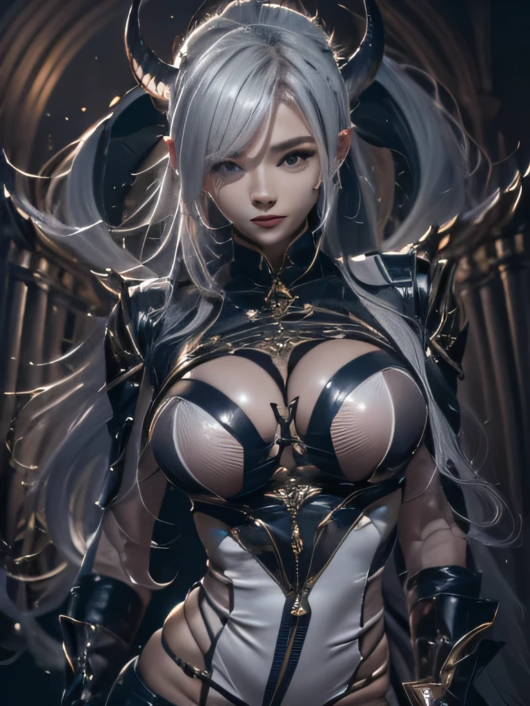 masterpiece, Raw photo,photorealism,High resolution,highest quality,High resolution, perfect composition, perfect face, perfect body, 16k,cinematic lighting,silver hair,Succubus,whip,latex,black,Charm,devilの城の背景、devil'Costume with visible collarbone、close up of face、ponytail、