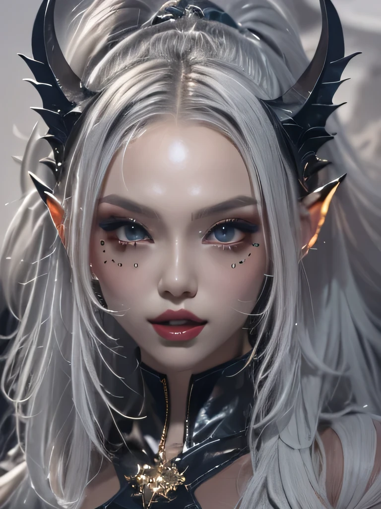 masterpiece, Raw photo，photorealism，High resolution，highest quality，High resolution, perfect composition, perfect face, perfect body, 16k，cinematic lighting，silver hair，Succubus，whip，latex，black，Charm，devilの城の背景、devil&#39;Costume with visible collarbone、close up of face、ponytail、