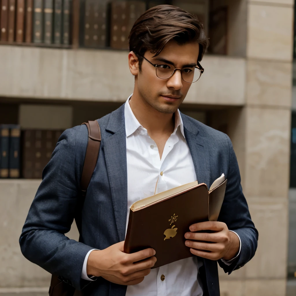 Dashing boy wearing glasses and carrying a book