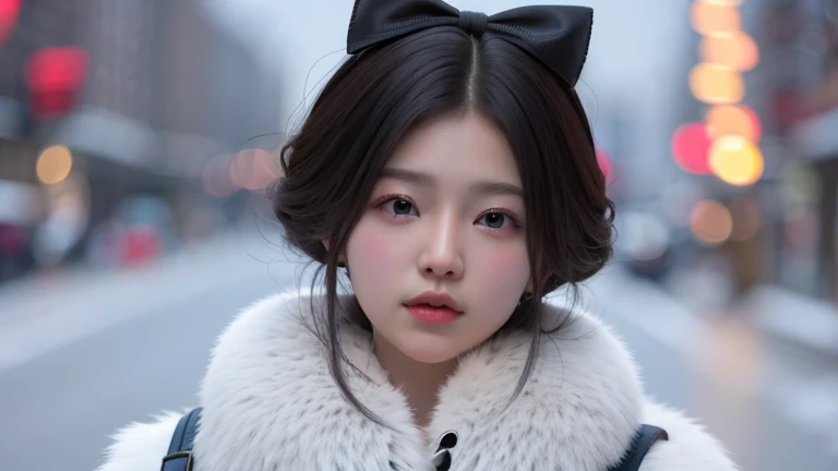 realistic photos of (1 cute Korean star) Shoulder-length hair, thin makeup, medium size, wearing coat, in the snow, clear facial features, 8K high resolution, sharp and realistic details.from outside, Eye-Level Shot, f/4.0, 135mm, Fujifilm, jpeg artifacts, dithering, UHD, masterpiece