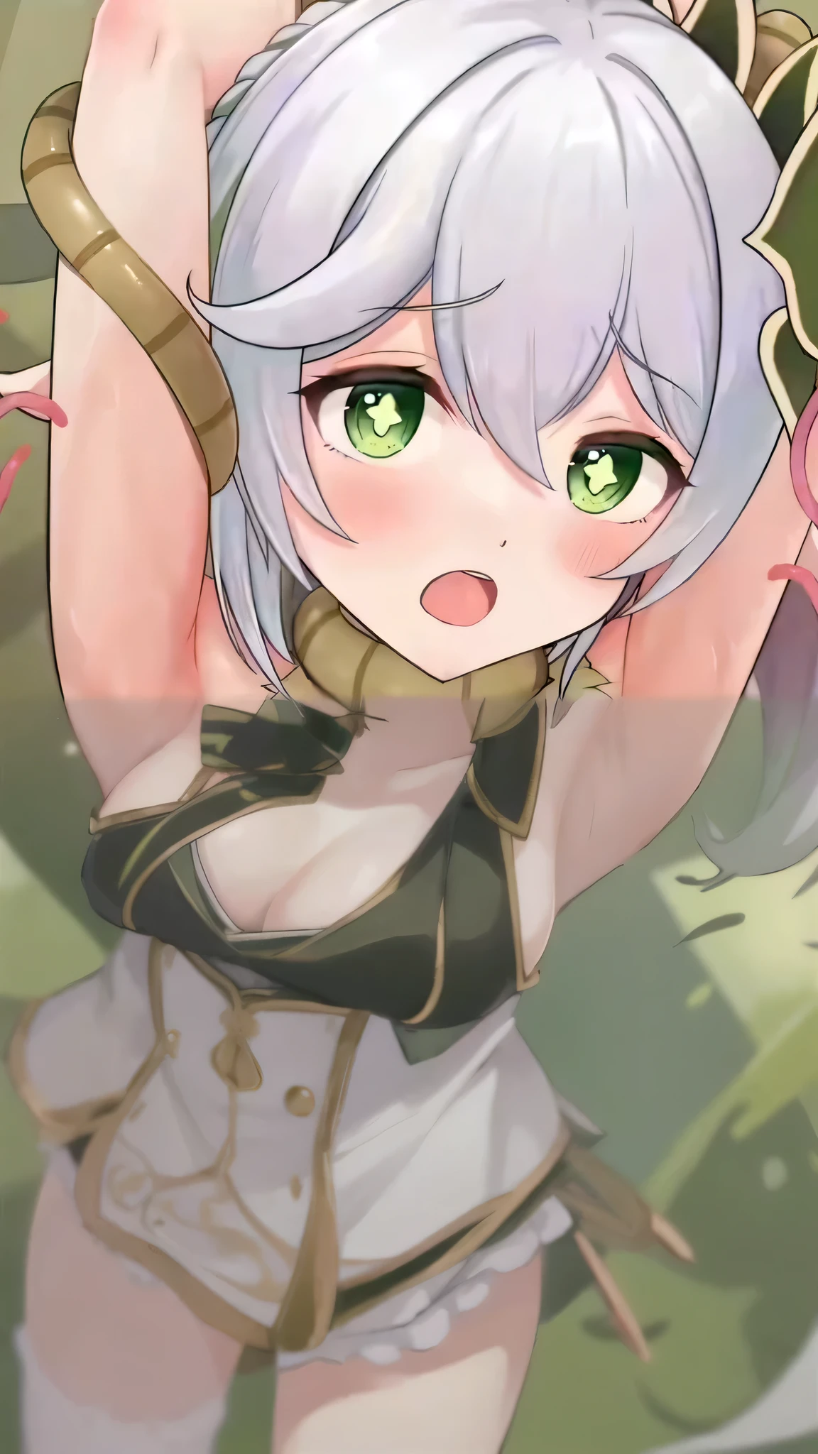 Anime girl with green eyes and white shirt holding pink bow, ahegao, ahegao face, Ayaka original god impact, splash ink art anime , maintain vaginal position, Shikami, Neferpitou, , especially, From Girls Frontline, scales covering her breasts, , White-haired God