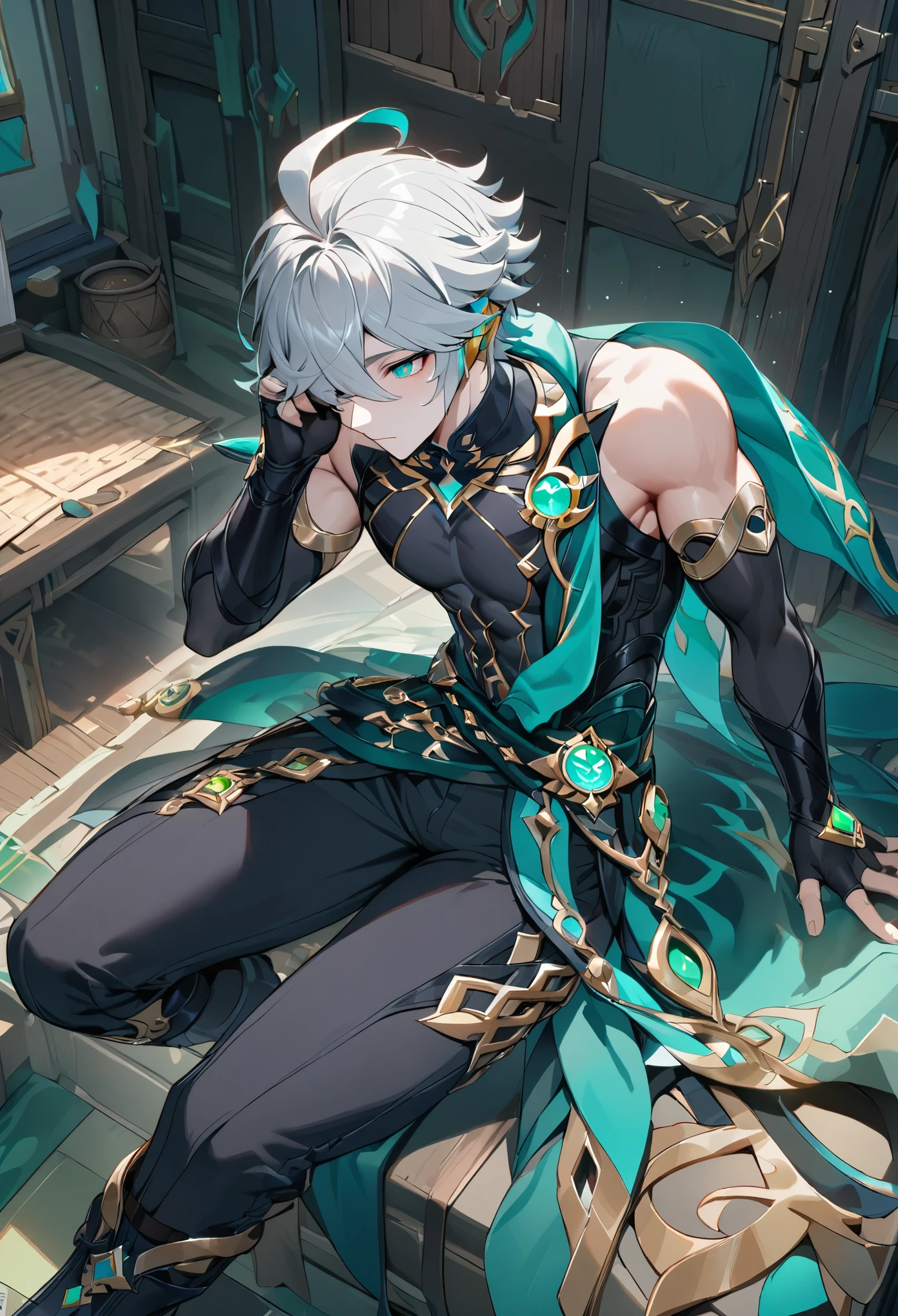 masterpiece, best quality,Al Haitham(Genshin Impact), 1 boy, male focus, shirt, alone, Gloves, sleeveless shirt, gray hair, green eyes, sleeveless, ahog, black shirt, Bangs, hair covering one eye, black Gloves, indoors, refuge, fingerless Gloves, black trousers, trousers, swept Bangs, boots, bare shoulders, short hair, elbow Gloves,(Berkshire:0.6), open hands, muscle