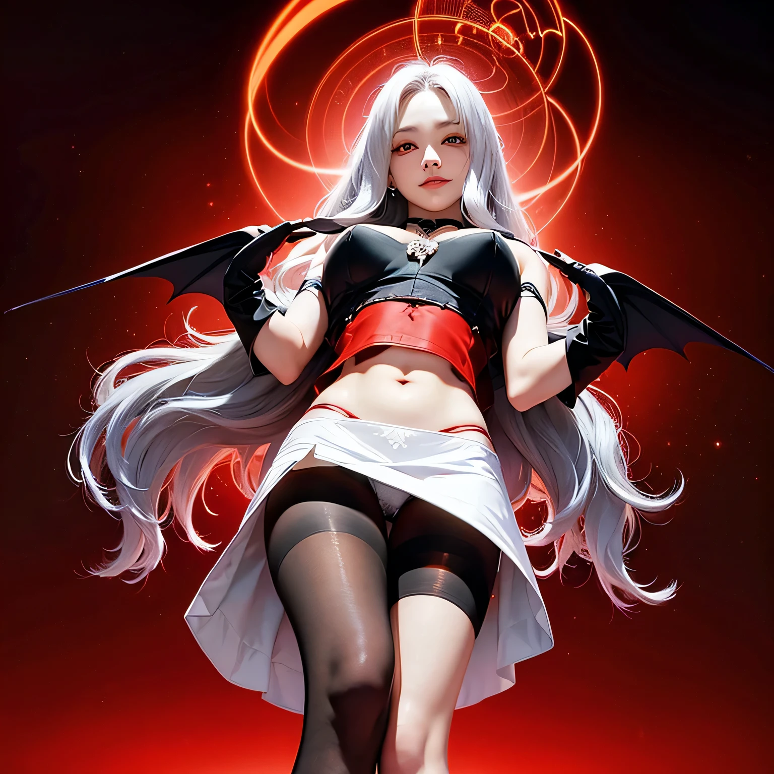 black stockings，bewitching beauty，white underwear，long hair，silver hair，red glowing eyes，Swirl pattern，captivating gaze，heart mark，look up from below，gentle smile，beautiful leg line，bat wings，Seduce，Luminous，inside the skirt，red cloak，Hypnosis，