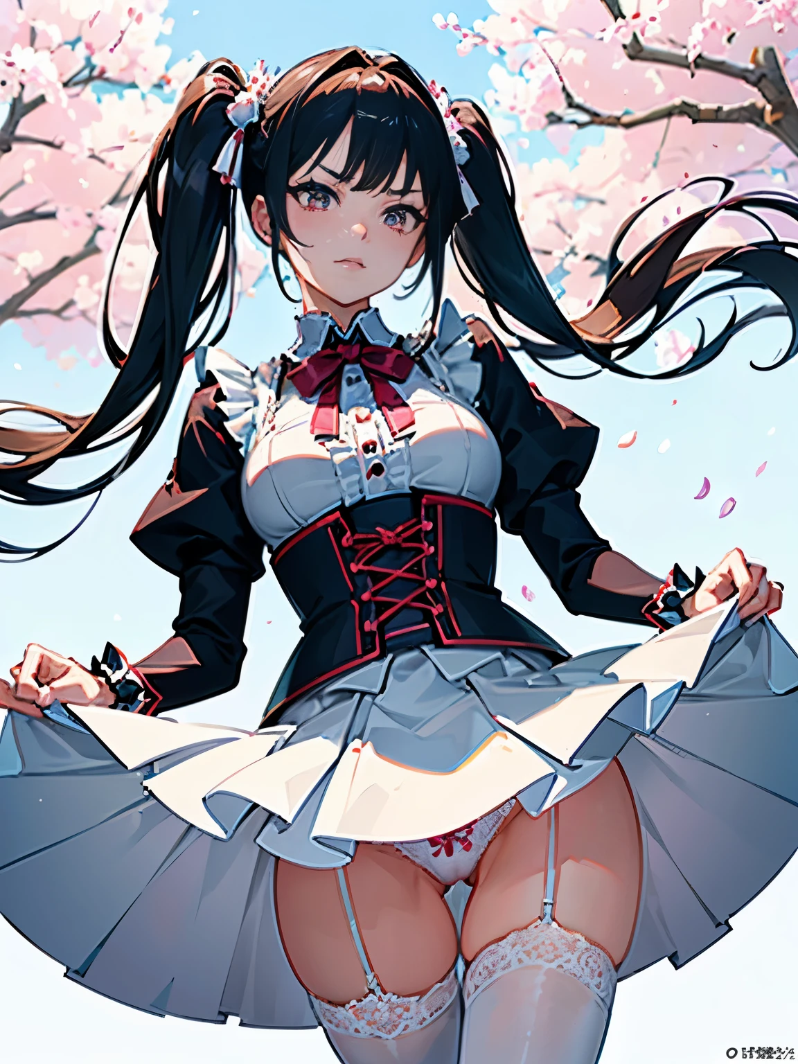 masterpiece,((highest quality)),8k wallpaper,precise expression,((very detailed explanation)),RAW photo. ((female 1)),20-year-old,super beauty,((Fine facial details)),perfect anatomy,correct anatomy,perfect face,perfect arms,,perfect fingers,perfect waist,perfect thighs,twin tails,beautiful black hair,view audience,Camera flash reflected in the eyes,((angry:1.1)),((embarrassing 1.1)),((Very detailed depiction of facial parts)),very red face,((fine facial details)),Wear a white blouse with frills on the collar,wearing a purple corset,maid cosplay,white miniskirt with white frills,((lift the hem of the skirt)),((Show off your panties to your audience)),(showing off pink lace panties),white stockings,((75 degree angle from bottom)),close up shot,japanese model. The background is a cherry tree,spring,noon,The wind is blowing,Many cherry blossom petals flutter,wonderful.