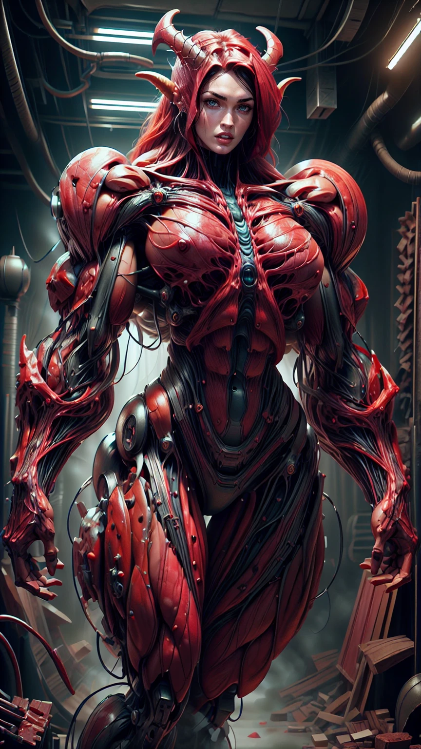 Cinematic, clear facial features and insanely detailed, the image captures the essence of (1 girl), (megan fox:1.25), (long red hair), (carnage skinless physique:1.25), (1 super muscular undead skinless succubus with gigantic horns:1.25), (covered in red necrotic rotting skinless muscle:1.25), (exposed muscles & veins everywhere:1.25), (perfect fingers:1.25) (full body pose:1.25). The color grading is beautifully done, enhancing the overall cinematic feel. Unreal Engine makes her appearance even more mesmerizing. With depth of field (DOF), every detail is focused and accentuated, drawing attention to her eyes and hair. Peak image resolution utilizing super-resolution technology ensures pixel perfection. Cinematic lighting enhances her aura, while anti-aliasing techniques like FXAA and TXAA keep the edges smooth and clean. Adding realism to the muscular bio-mecha succubus , RTX technology enables ray tracing. Additionally, SSAO (Screen Space Ambient Occlusion) gives depth and realism to the scene, the girl's presence even more convincing. In the post-processing and post-production stages, tone mapping enhances the colors, creating a captivating visual experience. The integration of CGI (Computer-Generated Imagery) and VFX (Visual Effects brings out her demonic features seamlessly . Incredible level of detail, with intricate elements meticulously crafted, the artwork hyper maximalist and hyper-realistic. Volumetric effects add depth and dimension, with unparalleled photorealism. 8k resolution rendering ensures super detailed visuals. The volumetric lighting adds a touch of magic, highlighting her beauty and aura in an otherworldly way. High Dynamic Range (HDR) tech makes the colors pop, adding richness to the overall composition. Ultimately, this artwork presents an unreal, yet stunningly real portrayal of an incredibly beautiful bio-mecha succubus girl. The sharp focus ensures that every feature is crisply defined, creating a captivating presence. (girl face:1.45)