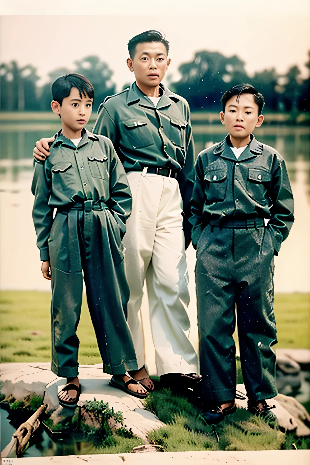 Highly realistic photo, ((masterpiece), (best quality), (raw photo), (photorealistic:1.4), photo of three young Asian boys standing next to each other, wearing uniforms from the early postwar period in Vietnam. They all wear uniforms with their hands on one another's shoulders. The background is blurred and features water or grass. Their expressions look friendly but serious. In some places there are scratches and stains on the photograph which adds an old feeling to it, photo taken by Sony A7IV