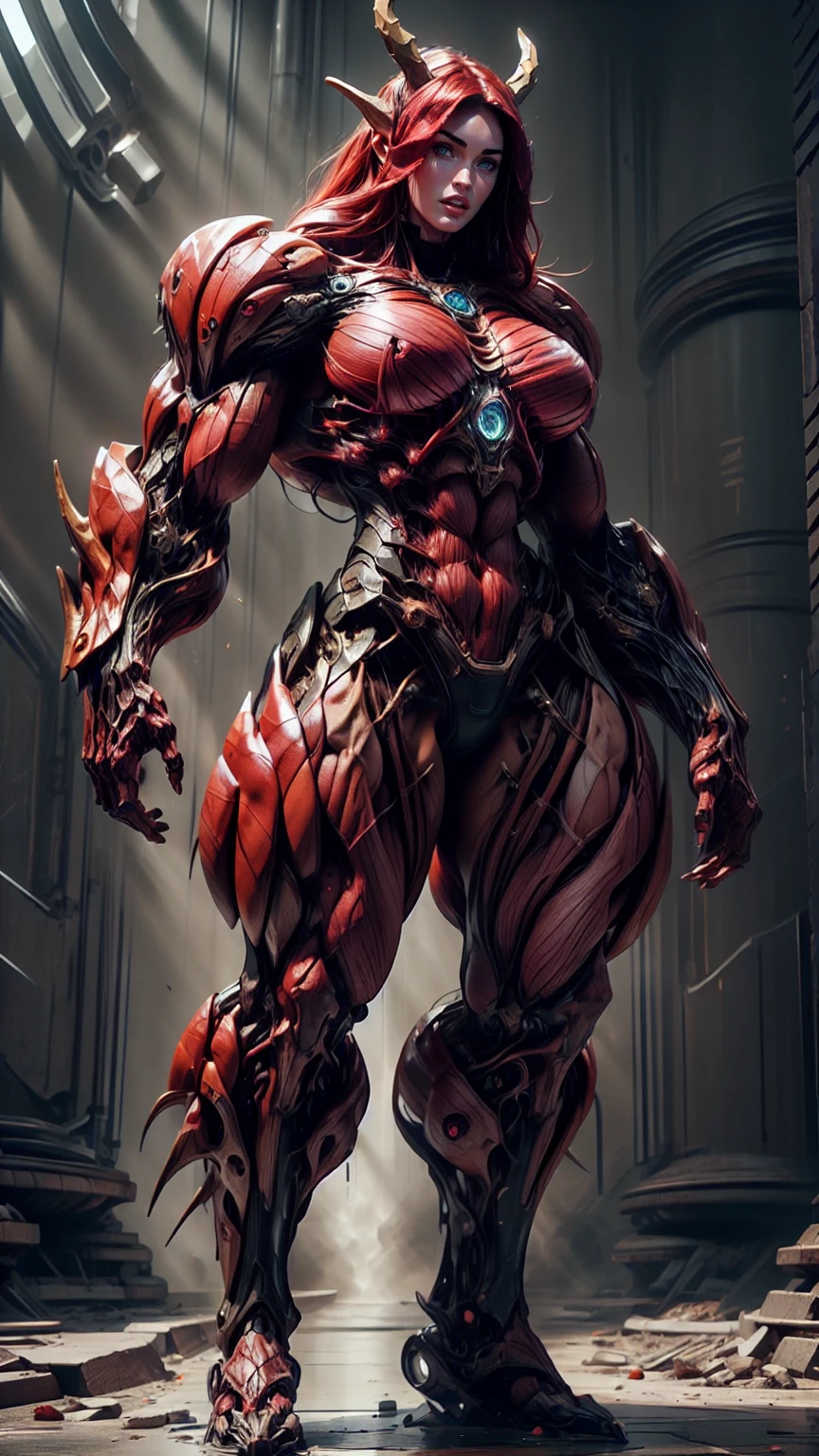 Cinematic, clear facial features and insanely detailed, the image captures the essence of (1 girl), (megan fox:1.25), (long red hair), (carnage skinless physique:1.25), (1 super muscular undead skinless succubus with gigantic horns:1.25), (covered in red necrotic rotting skinless muscle:1.25), (exposed muscles & veins everywhere:1.25), (perfect fingers:1.25) (full body pose:1.25). The color grading is beautifully done, enhancing the overall cinematic feel. Unreal Engine makes her appearance even more mesmerizing. With depth of field (DOF), every detail is focused and accentuated, drawing attention to her eyes and hair. Peak image resolution utilizing super-resolution technology ensures pixel perfection. Cinematic lighting enhances her aura, while anti-aliasing techniques like FXAA and TXAA keep the edges smooth and clean. Adding realism to the muscular bio-mecha succubus , RTX technology enables ray tracing. Additionally, SSAO (Screen Space Ambient Occlusion) gives depth and realism to the scene, the girl's presence even more convincing. In the post-processing and post-production stages, tone mapping enhances the colors, creating a captivating visual experience. The integration of CGI (Computer-Generated Imagery) and VFX (Visual Effects brings out her demonic features seamlessly . Incredible level of detail, with intricate elements meticulously crafted, the artwork hyper maximalist and hyper-realistic. Volumetric effects add depth and dimension, with unparalleled photorealism. 8k resolution rendering ensures super detailed visuals. The volumetric lighting adds a touch of magic, highlighting her beauty and aura in an otherworldly way. High Dynamic Range (HDR) tech makes the colors pop, adding richness to the overall composition. Ultimately, this artwork presents an unreal, yet stunningly real portrayal of an incredibly beautiful bio-mecha succubus girl. The sharp focus ensures that every feature is crisply defined, creating a captivating presence. (girl face:1.45)