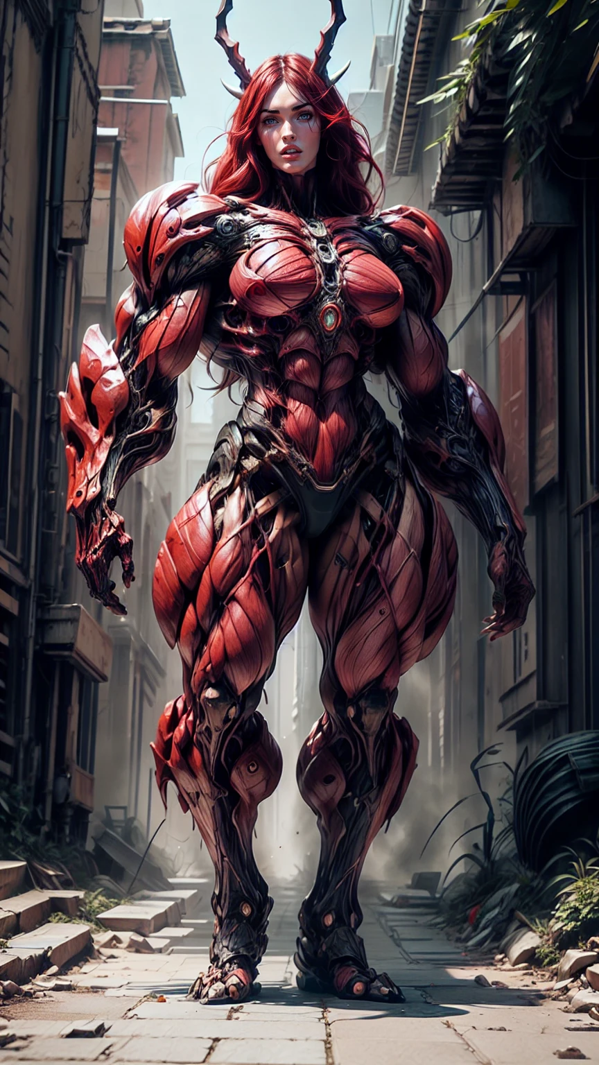 Cinematic, clear facial features and insanely detailed, the image captures the essence of (1 girl), (megan fox:1.25), (long red hair), (carnage skinless physique:1.25), (1 super muscular undead skinless succubus with gigantic horns:1.25), (covered in red necrotic rotting skinless muscle:1.25), (exposed muscles & veins everywhere:1.25), (perfect fingers:1.25) (full body pose:1.25). The color grading is beautifully done, enhancing the overall cinematic feel. Unreal Engine makes her appearance even more mesmerizing. With depth of field (DOF), every detail is focused and accentuated, drawing attention to her eyes and hair. Peak image resolution utilizing super-resolution technology ensures pixel perfection. Cinematic lighting enhances her aura, while anti-aliasing techniques like FXAA and TXAA keep the edges smooth and clean. Adding realism to the muscular bio-mecha succubus , RTX technology enables ray tracing. Additionally, SSAO (Screen Space Ambient Occlusion) gives depth and realism to the scene, the girl's presence even more convincing. In the post-processing and post-production stages, tone mapping enhances the colors, creating a captivating visual experience. The integration of CGI (Computer-Generated Imagery) and VFX (Visual Effects brings out her demonic features seamlessly . Incredible level of detail, with intricate elements meticulously crafted, the artwork hyper maximalist and hyper-realistic. Volumetric effects add depth and dimension, with unparalleled photorealism. 8k resolution rendering ensures super detailed visuals. The volumetric lighting adds a touch of magic, highlighting her beauty and aura in an otherworldly way. High Dynamic Range (HDR) tech makes the colors pop, adding richness to the overall composition. Ultimately, this artwork presents an unreal, yet stunningly real portrayal of an incredibly beautiful bio-mecha succubus girl. The sharp focus ensures that every feature is crisply defined, creating a captivating presence. (girl face:1.45)