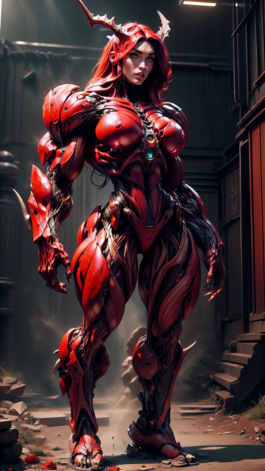 Cinematic, clear facial features and insanely detailed, the image captures the essence of (1 girl), (megan fox:1.25), (long red hair), (carnage skinless physique:1.25), (1 super muscular undead skinless succubus with gigantic horns:1.25), (covered in red necrotic rotting skinless muscle:1.25), (exposed muscles & veins everywhere:1.25), (perfect fingers:1.25) (full body pose:1.25). The color grading is beautifully done, enhancing the overall cinematic feel. Unreal Engine makes her appearance even more mesmerizing. With depth of field (DOF), every detail is focused and accentuated, drawing attention to her eyes and hair. Peak image resolution utilizing super-resolution technology ensures pixel perfection. Cinematic lighting enhances her aura, while anti-aliasing techniques like FXAA and TXAA keep the edges smooth and clean. Adding realism to the muscular bio-mecha succubus , RTX technology enables ray tracing. Additionally, SSAO (Screen Space Ambient Occlusion) gives depth and realism to the scene, the girl's presence even more convincing. In the post-processing and post-production stages, tone mapping enhances the colors, creating a captivating visual experience. The integration of CGI (Computer-Generated Imagery) and VFX (Visual Effects brings out her demonic features seamlessly . Incredible level of detail, with intricate elements meticulously crafted, the artwork hyper maximalist and hyper-realistic. Volumetric effects add depth and dimension, with unparalleled photorealism. 8k resolution rendering ensures super detailed visuals. The volumetric lighting adds a touch of magic, highlighting her beauty and aura in an otherworldly way. High Dynamic Range (HDR) tech makes the colors pop, adding richness to the overall composition. Ultimately, this artwork presents an unreal, yet stunningly real portrayal of an incredibly beautiful bio-mecha succubus girl. The sharp focus ensures that every feature is crisply defined, creating a captivating presence. (girl face:1.45)