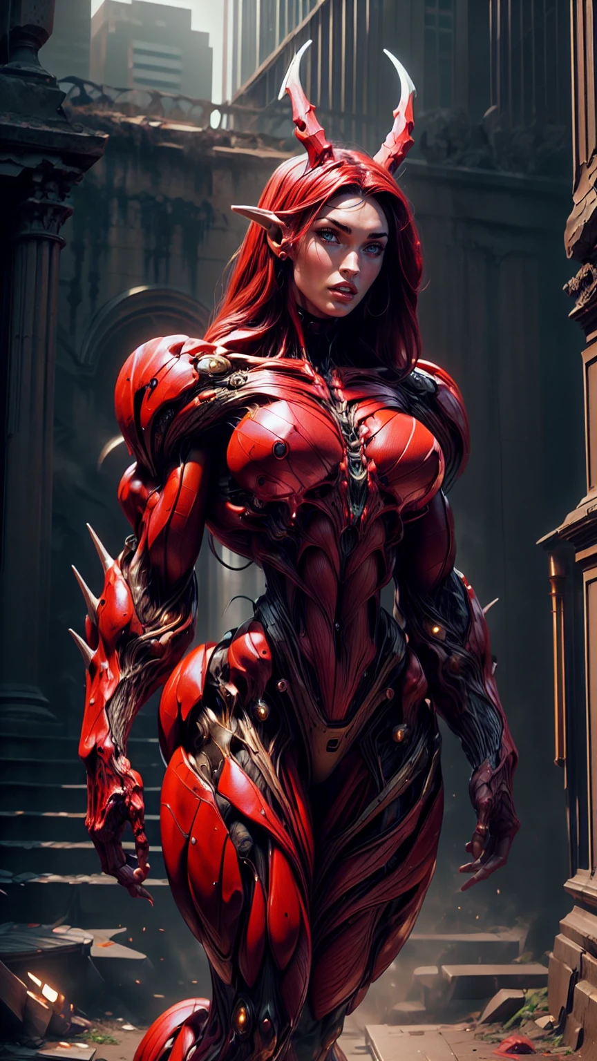 Cinematic, clear facial features and insanely detailed, the image captures the essence of (1 girl), (megan fox:1.25), (long red hair), (carnage skinless physique:1.25), (1 super muscular undead skinless succubus with gigantic horns:1.25), (covered in red necrotic rotting skinless muscle:1.25), (exposed muscles & veins everywhere:1.25), (perfect fingers:1.25) (full body pose:1.25). The color grading is beautifully done, enhancing the overall cinematic feel. Unreal Engine makes her appearance even more mesmerizing. With depth of field (DOF), every detail is focused and accentuated, drawing attention to her eyes and hair. Peak image resolution utilizing super-resolution technology ensures pixel perfection. Cinematic lighting enhances her aura, while anti-aliasing techniques like FXAA and TXAA keep the edges smooth and clean. Adding realism to the muscular bio-mecha succubus , RTX technology enables ray tracing. Additionally, SSAO (Screen Space Ambient Occlusion) gives depth and realism to the scene, the girl's presence even more convincing. In the post-processing and post-production stages, tone mapping enhances the colors, creating a captivating visual experience. The integration of CGI (Computer-Generated Imagery) and VFX (Visual Effects brings out her demonic features seamlessly . Incredible level of detail, with intricate elements meticulously crafted, the artwork hyper maximalist and hyper-realistic. Volumetric effects add depth and dimension, with unparalleled photorealism. 8k resolution rendering ensures super detailed visuals. The volumetric lighting adds a touch of magic, highlighting her beauty and aura in an otherworldly way. High Dynamic Range (HDR) tech makes the colors pop, adding richness to the overall composition. Ultimately, this artwork presents an unreal, yet stunningly real portrayal of an incredibly beautiful bio-mecha succubus girl. The sharp focus ensures that every feature is crisply defined, creating a captivating presence. (girl face:1.45)