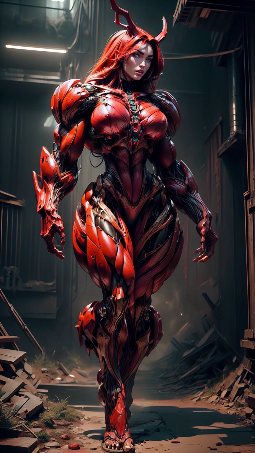 Cinematic, clear facial features and insanely detailed, the image captures the essence of (1 girl), (megan fox:1.25), (long red hair), (carnage skinless physique:1.25), (1 super muscular undead skinless succubus with gigantic horns:1.25), (covered in red necrotic rotting skinless muscle:1.25), (exposed muscles & veins everywhere:1.25), (perfect fingers:1.25) (full body pose:1.25). The color grading is beautifully done, enhancing the overall cinematic feel. Unreal Engine makes her appearance even more mesmerizing. With depth of field (DOF), every detail is focused and accentuated, drawing attention to her eyes and hair. Peak image resolution utilizing super-resolution technology ensures pixel perfection. Cinematic lighting enhances her aura, while anti-aliasing techniques like FXAA and TXAA keep the edges smooth and clean. Adding realism to the muscular bio-mecha succubus , RTX technology enables ray tracing. Additionally, SSAO (Screen Space Ambient Occlusion) gives depth and realism to the scene, the girl's presence even more convincing. In the post-processing and post-production stages, tone mapping enhances the colors, creating a captivating visual experience. The integration of CGI (Computer-Generated Imagery) and VFX (Visual Effects brings out her demonic features seamlessly . Incredible level of detail, with intricate elements meticulously crafted, the artwork hyper maximalist and hyper-realistic. Volumetric effects add depth and dimension, with unparalleled photorealism. 8k resolution rendering ensures super detailed visuals. The volumetric lighting adds a touch of magic, highlighting her beauty and aura in an otherworldly way. High Dynamic Range (HDR) tech makes the colors pop, adding richness to the overall composition. Ultimately, this artwork presents an unreal, yet stunningly real portrayal of an incredibly beautiful bio-mecha succubus girl. The sharp focus ensures that every feature is crisply defined, creating a captivating presence. (girl face:1.45)