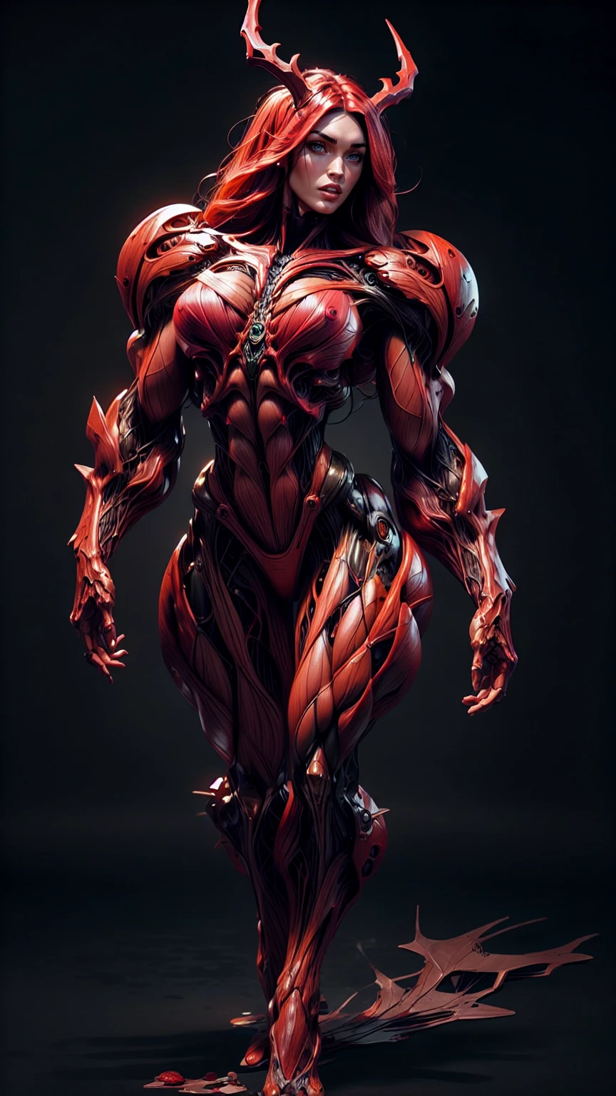 Cinematic, clear facial features and insanely detailed, the image captures the essence of (1 girl), (megan fox:1.25), (long red hair), (carnage skinless physique:1.25), (1 super muscular undead skinless succubus with gigantic horns:1.25), (covered in red necrotic rotting skinless muscle:1.25), (exposed muscles & veins everywhere:1.25), (perfect fingers:1.25) (full body pose:1.25). The color grading is beautifully done, enhancing the overall cinematic feel. Unreal Engine makes her appearance even more mesmerizing. With depth of field (DOF), every detail is focused and accentuated, drawing attention to her eyes and hair. Peak image resolution utilizing super-resolution technology ensures pixel perfection. Cinematic lighting enhances her aura, while anti-aliasing techniques like FXAA and TXAA keep the edges smooth and clean. Adding realism to the muscular bio-mecha succubus , RTX technology enables ray tracing. Additionally, SSAO (Screen Space Ambient Occlusion) gives depth and realism to the scene, the girl's presence even more convincing. In the post-processing and post-production stages, tone mapping enhances the colors, creating a captivating visual experience. The integration of CGI (Computer-Generated Imagery) and VFX (Visual Effects brings out her demonic features seamlessly . Incredible level of detail, with intricate elements meticulously crafted, the artwork hyper maximalist and hyper-realistic. Volumetric effects add depth and dimension, with unparalleled photorealism. 8k resolution rendering ensures super detailed visuals. The volumetric lighting adds a touch of magic, highlighting her beauty and aura in an otherworldly way. High Dynamic Range (HDR) tech makes the colors pop, adding richness to the overall composition. Ultimately, this artwork presents an unreal, yet stunningly real portrayal of an incredibly beautiful bio-mecha succubus girl. The sharp focus ensures that every feature is crisply defined, creating a captivating presence. (girl face:1.45)