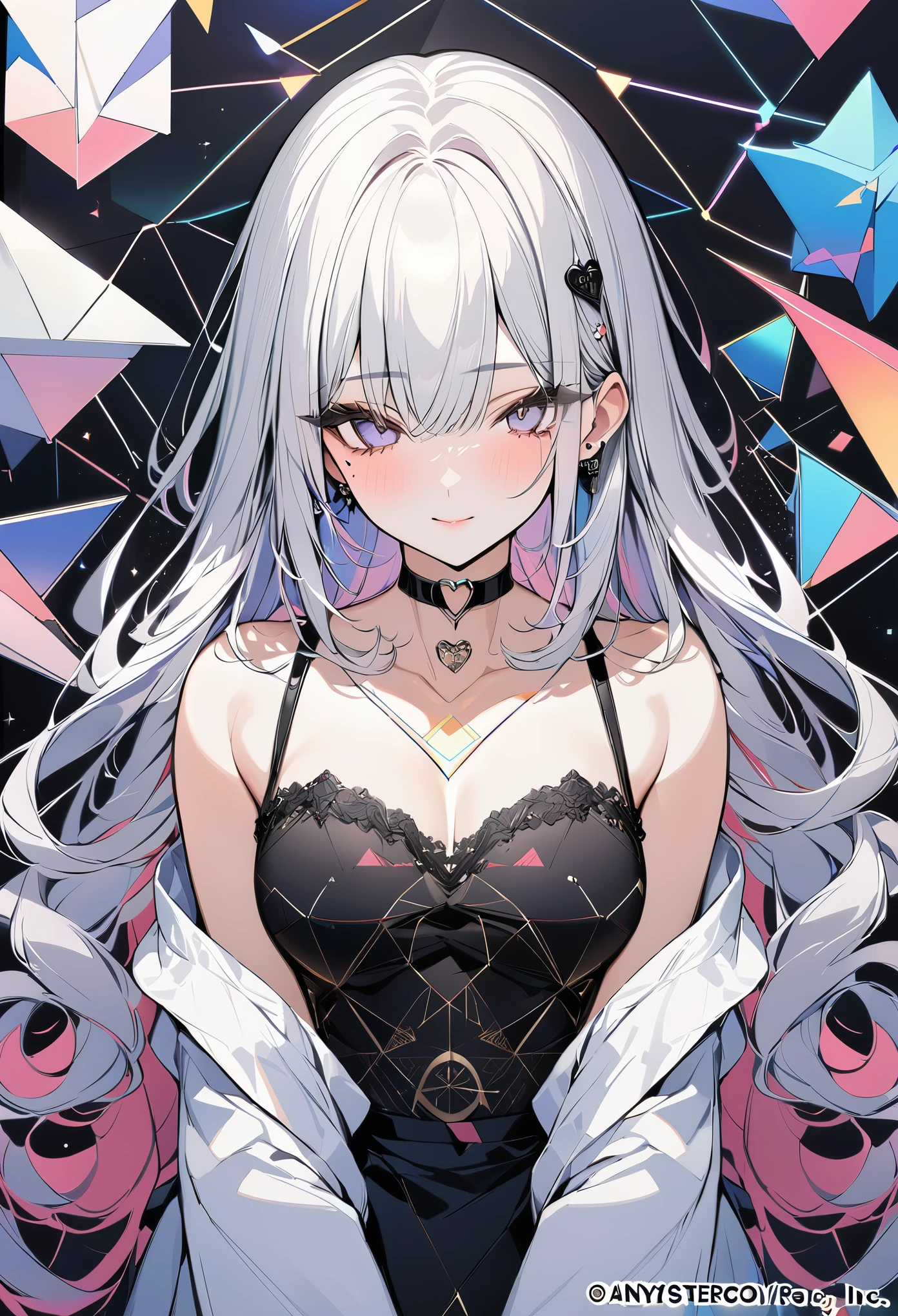 ,beautiful flower々）,mole under eye, heart shaped choker, (masterpiece, highest quality), official art, beautiful and aesthetic: 1.2), (1 girl), very detailed, (geometry art: 1.3), colorful