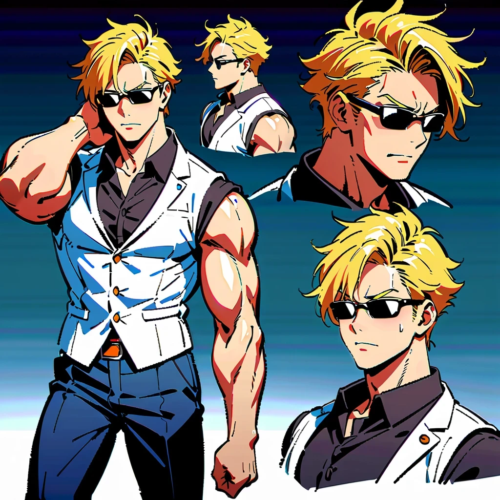 anime style characters, yellow hair, muscular man, Various poses and expressions, black sunglasses, black sleeveless shirt, white vest, long sleeve blazer, dark pants, Detailed full body concept art, Detailed anime character art, super cool, Inspired by concept art by Takanori Akiyama, Popular on Pixiv, Best Anime Character Design, Character reference table, Regeneration Stable Diffusion