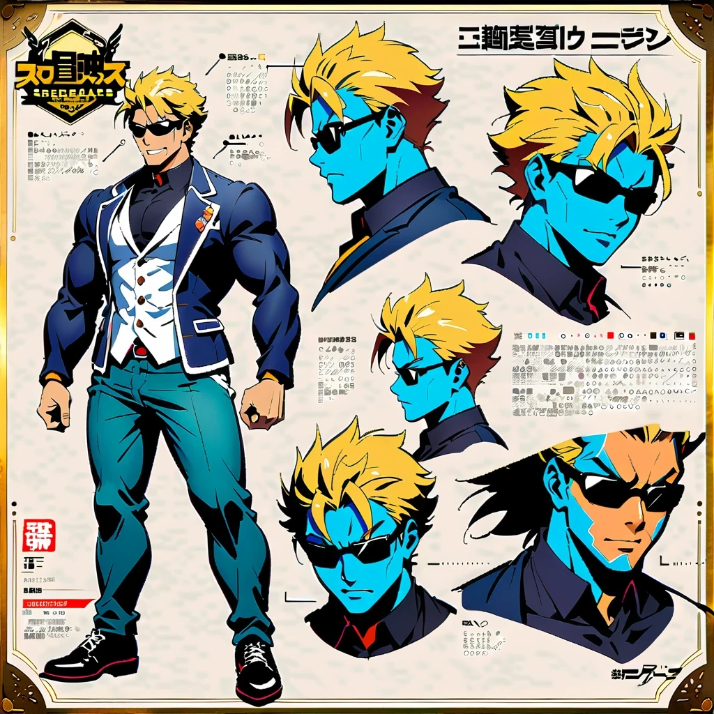 anime style characters, yellow hair, muscular man, Various poses and expressions, black sunglasses, black sleeveless shirt, white vest, long sleeve blazer, dark pants, Detailed full body concept art, Detailed anime character art, super cool, Inspired by concept art by Takanori Akiyama, Popular on Pixiv, Best Anime Character Design, Character reference table, Regeneration Stable Diffusion
