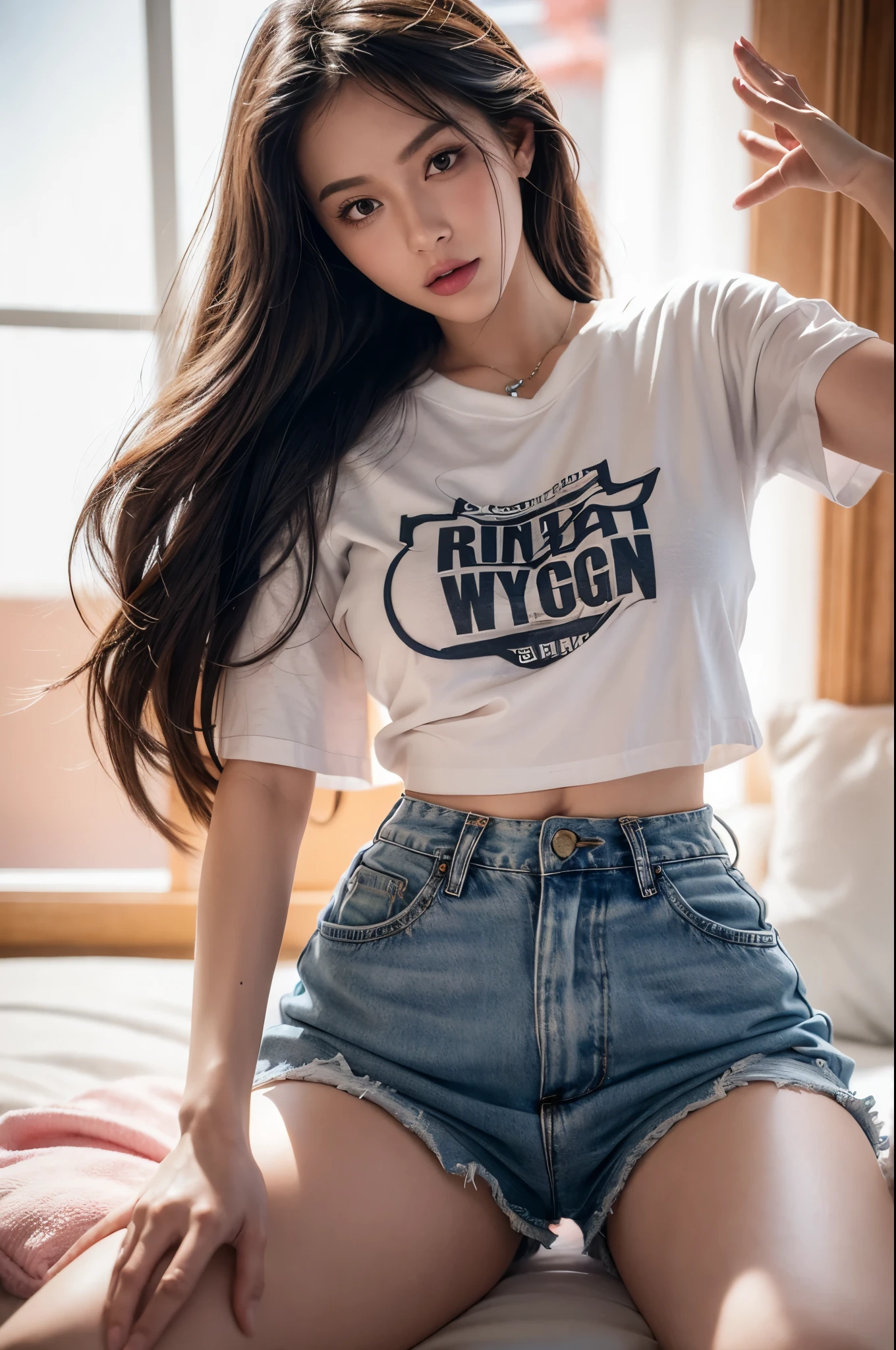 from belowshot on Sony a7R IV Mirrorless Camera, sexy 18yo white girl brunette, narrow waist, wide hips, wide thigh gap, beautiful detailed face, single braid, wearing a tie dye tee shirt , cinematic, floating temple, wants to get fucked, horny, bestj3an5, laying down, showing off her pussy, wearing cutoff jean shorts, pussy lips, detailed swollen virgin vagina visible, brandon, woelfel, style, lora, photography, lights, light, photo, night, neon (god rays, subliminal sexual gratification, light leak:1.1) Girls-Next-Door_Stephanie:.5, E-Girls_Mansion_Funkee:.5