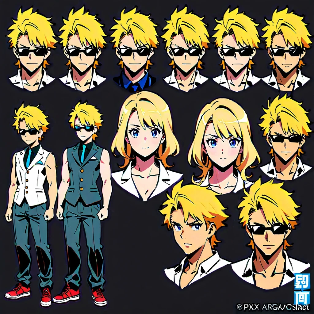 anime style characters, yellow hair, muscular man, Various poses and expressions, black sunglasses, black sleeveless shirt, white vest, long sleeve blazer, dark pants, Detailed full body concept art, Detailed anime character art, super cool, Inspired by concept art by Takanori Akiyama, Popular on Pixiv, Best Anime Character Design, Character reference table, Regeneration Stable Diffusion
