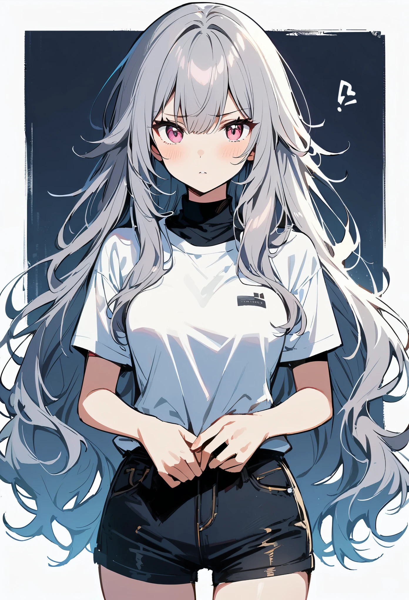 1 girl, medium breasts, blank expression, gray hair, messy hair, long hair, pink eyes, Black turtleneck with white short-sleeved shirt, black shorts, Cowboy shooting,