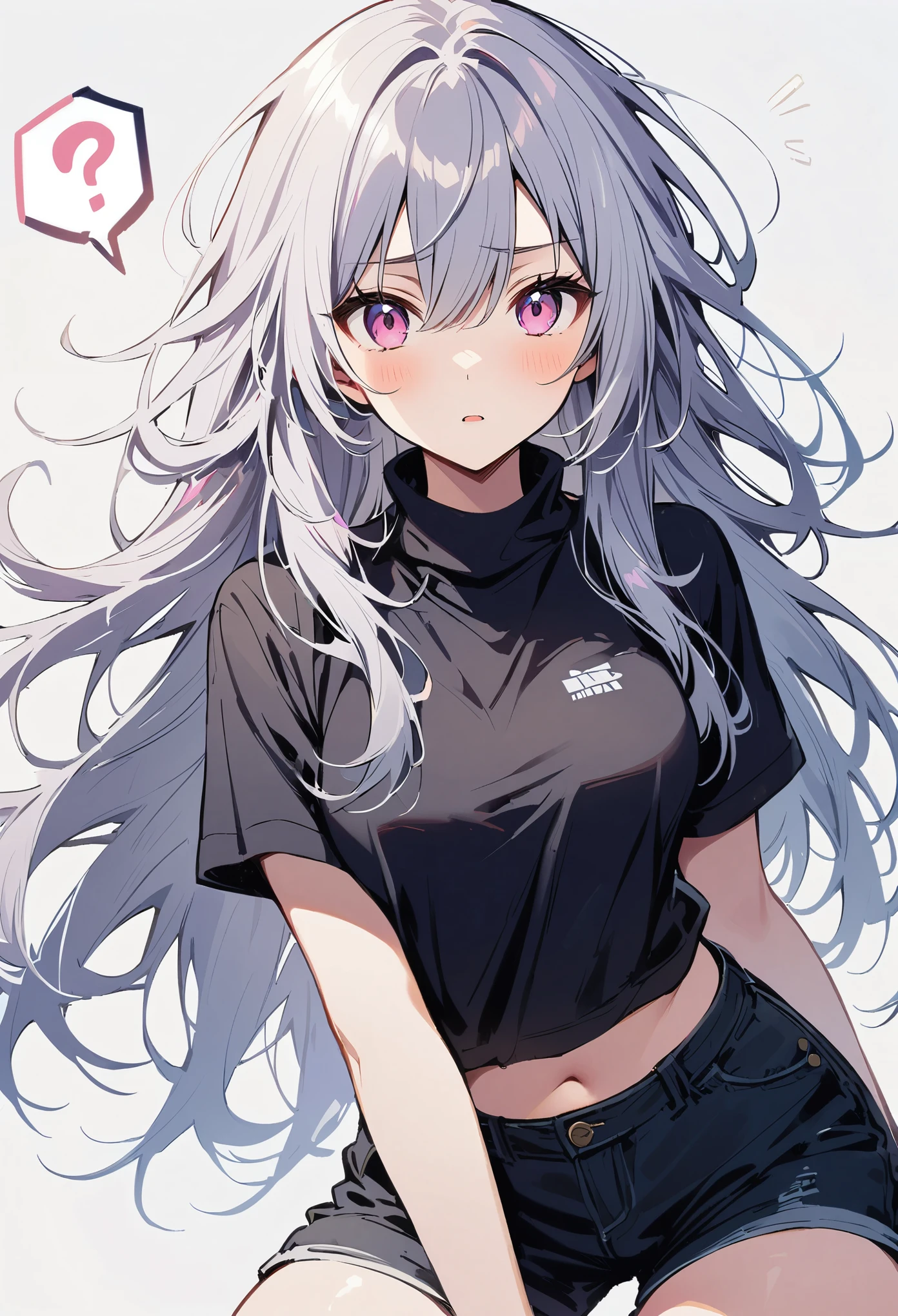 1 girl, medium breasts, blank expression, gray hair, messy hair, long hair, pink eyes, Black turtleneck with white short-sleeved shirt, black shorts, Cowboy shooting,