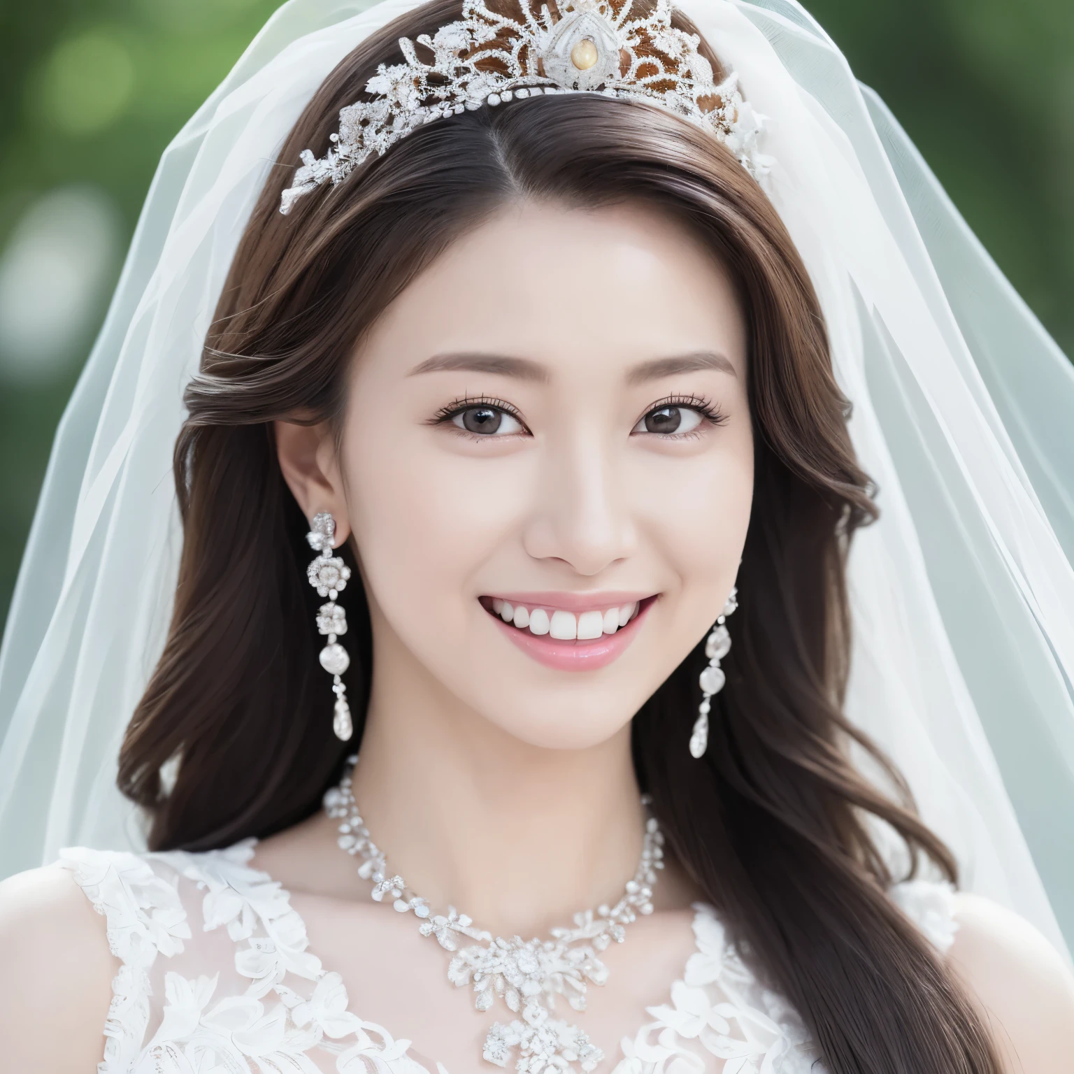 (highest quality、table top、8K、best image quality、Award-winning work)、one beautiful bride、(alone:1.1)、(The most extravagant and finest huge wedding dresses:1.1)、(perfect wedding lace:1.2)、(The most luxurious and finest giant tiara:1.1)、(The most luxurious and finest giant necklace:1.1)、look at me with the best smile、Large quantity of finest jewelry ornaments、(full body photo:1.3)、perfect makeup、long eyelashes、Super high-definition sparkling eyes、ultra high definition hair、ultra high resolution glossy lips、Super high resolution perfect teeth、Beautiful face in super high resolution、(accurate anatomy:1.1)、(Beautiful skin that shines very brightly:1.2)、(very bright and vivid:1.2)