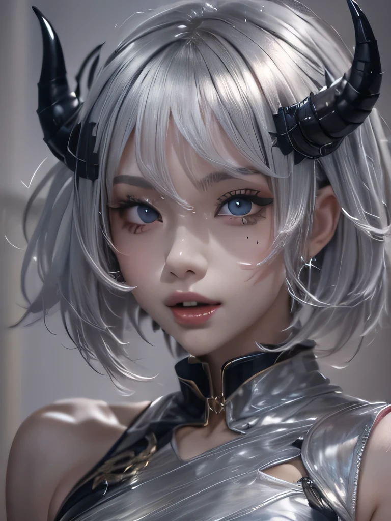 masterpiece, Raw photo,photorealism,High resolution,highest quality,High resolution, perfect composition, perfect face, perfect body, 16k,cinematic lighting,silver hair,Succubus,whip,latex,black,Charm,devilの城の背景、devil'Costume with visible collarbone、close up of face、short hair、