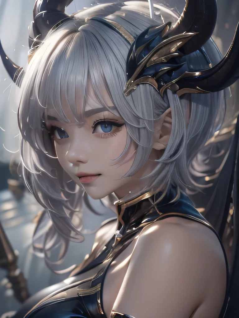 masterpiece, Raw photo，photorealism，High resolution，highest quality，High resolution, perfect composition, perfect face, perfect body, 16k，cinematic lighting，silver hair，Succubus，whip，latex，black，Charm，devilの城の背景、devil&#39;Costume with visible collarbone、close up of face、short hair、