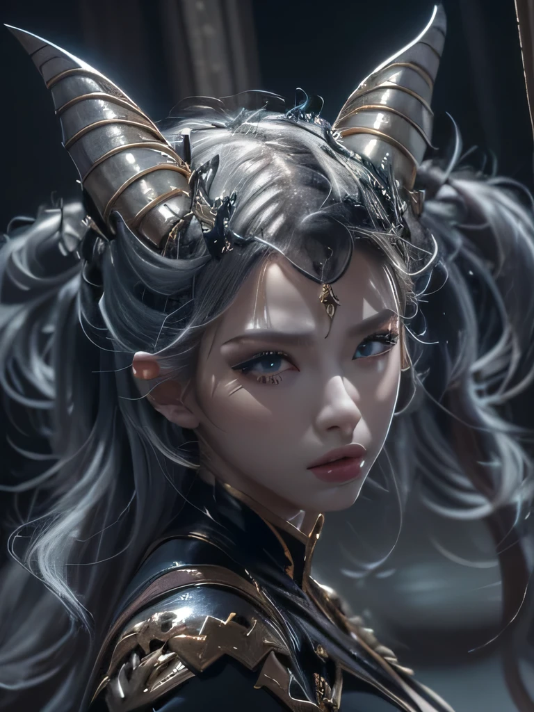 masterpiece, Raw photo,photorealism,High resolution,highest quality,High resolution, perfect composition, perfect face, perfect body, 16k,cinematic lighting,silver hair,Succubus,whip,latex,black,Charm,devilの城の背景、devil'Costume with visible collarbone、close up of face、short hair、