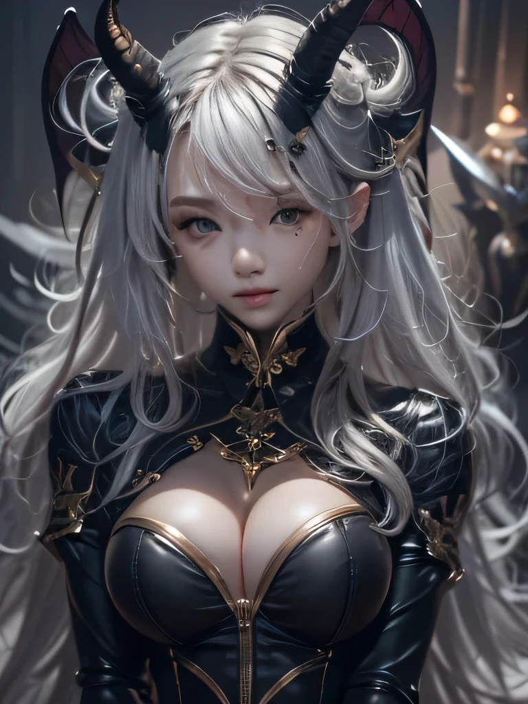 masterpiece, Raw photo，photorealism，High resolution，highest quality，High resolution, perfect composition, perfect face, perfect body, 16k，cinematic lighting，silver hair，Succubus，whip，latex，black，Charm，devilの城の背景、devil&#39;Costume with visible collarbone、close up of face、short hair、