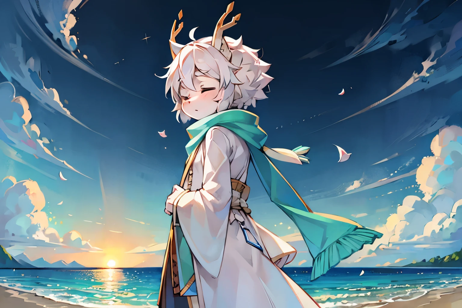 a white deer，white robe，green texture，Cyan scarf，Flowing scarf，flowing robe，seaside，sunset，beach，Close your eyes，Facing the sea，vast sky，white hair，gorgeous costumes，Dusky sky，Lovely shota，petal，eyes closed，Seagull in the distance，flying birds