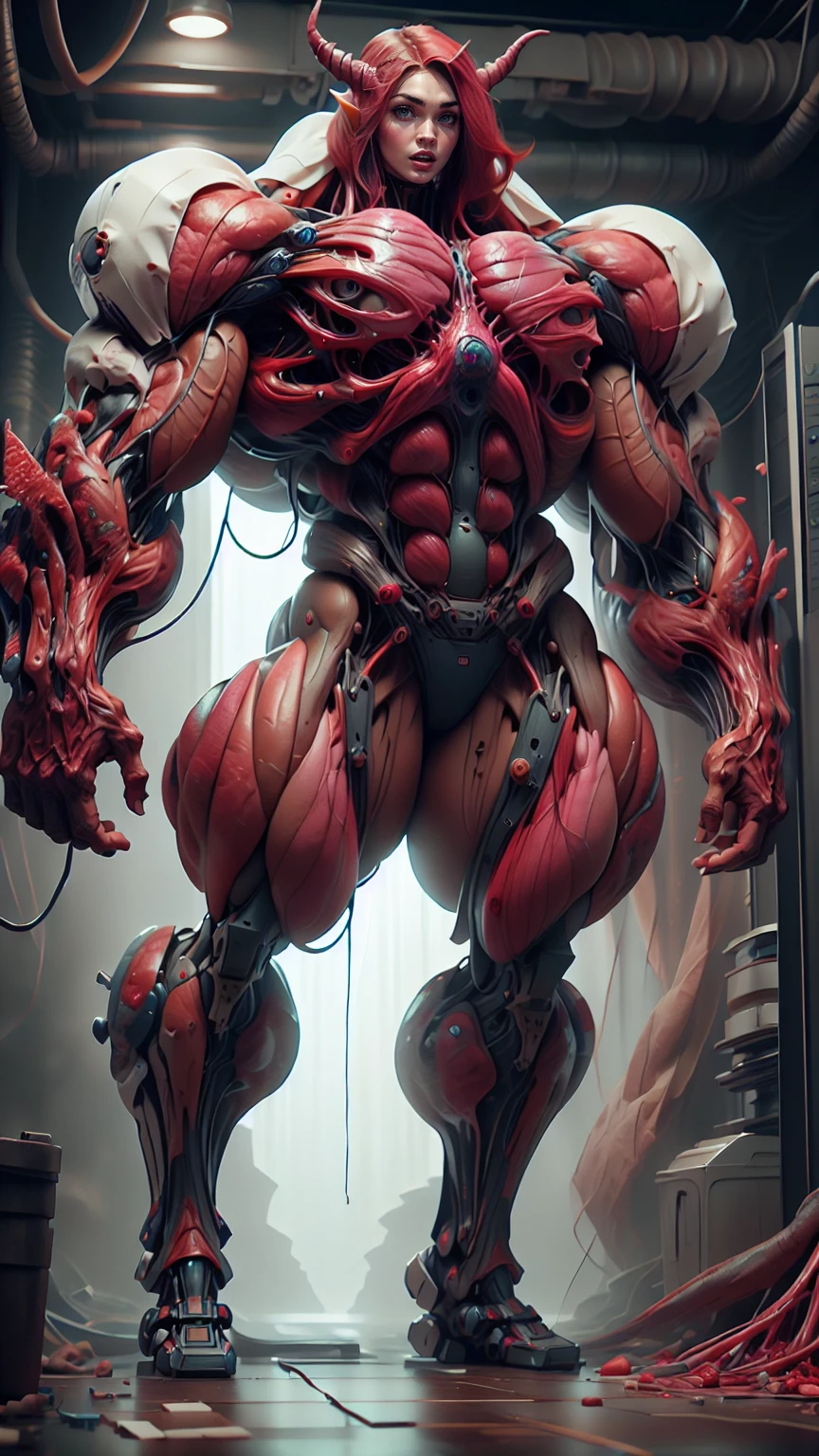 Cinematic, clear facial features and insanely detailed, the image captures the essence of (1 girl), (megan fox:1.25), (long red hair), (carnage skinless physique:1.25), (1 super muscular undead skinless succubus with gigantic horns:1.25), (covered in red necrotic rotting skinless muscle:1.25), (exposed muscles & veins everywhere:1.25), (perfect fingers:1.25) (full body pose:1.25). The color grading is beautifully done, enhancing the overall cinematic feel. Unreal Engine makes her appearance even more mesmerizing. With depth of field (DOF), every detail is focused and accentuated, drawing attention to her eyes and hair. Peak image resolution utilizing super-resolution technology ensures pixel perfection. Cinematic lighting enhances her aura, while anti-aliasing techniques like FXAA and TXAA keep the edges smooth and clean. Adding realism to the muscular bio-mecha succubus , RTX technology enables ray tracing. Additionally, SSAO (Screen Space Ambient Occlusion) gives depth and realism to the scene, the girl's presence even more convincing. In the post-processing and post-production stages, tone mapping enhances the colors, creating a captivating visual experience. The integration of CGI (Computer-Generated Imagery) and VFX (Visual Effects brings out her demonic features seamlessly . Incredible level of detail, with intricate elements meticulously crafted, the artwork hyper maximalist and hyper-realistic. Volumetric effects add depth and dimension, with unparalleled photorealism. 8k resolution rendering ensures super detailed visuals. The volumetric lighting adds a touch of magic, highlighting her beauty and aura in an otherworldly way. High Dynamic Range (HDR) tech makes the colors pop, adding richness to the overall composition. Ultimately, this artwork presents an unreal, yet stunningly real portrayal of an incredibly beautiful bio-mecha succubus girl. The sharp focus ensures that every feature is crisply defined, creating a captivating presence. (girl face:1.45)