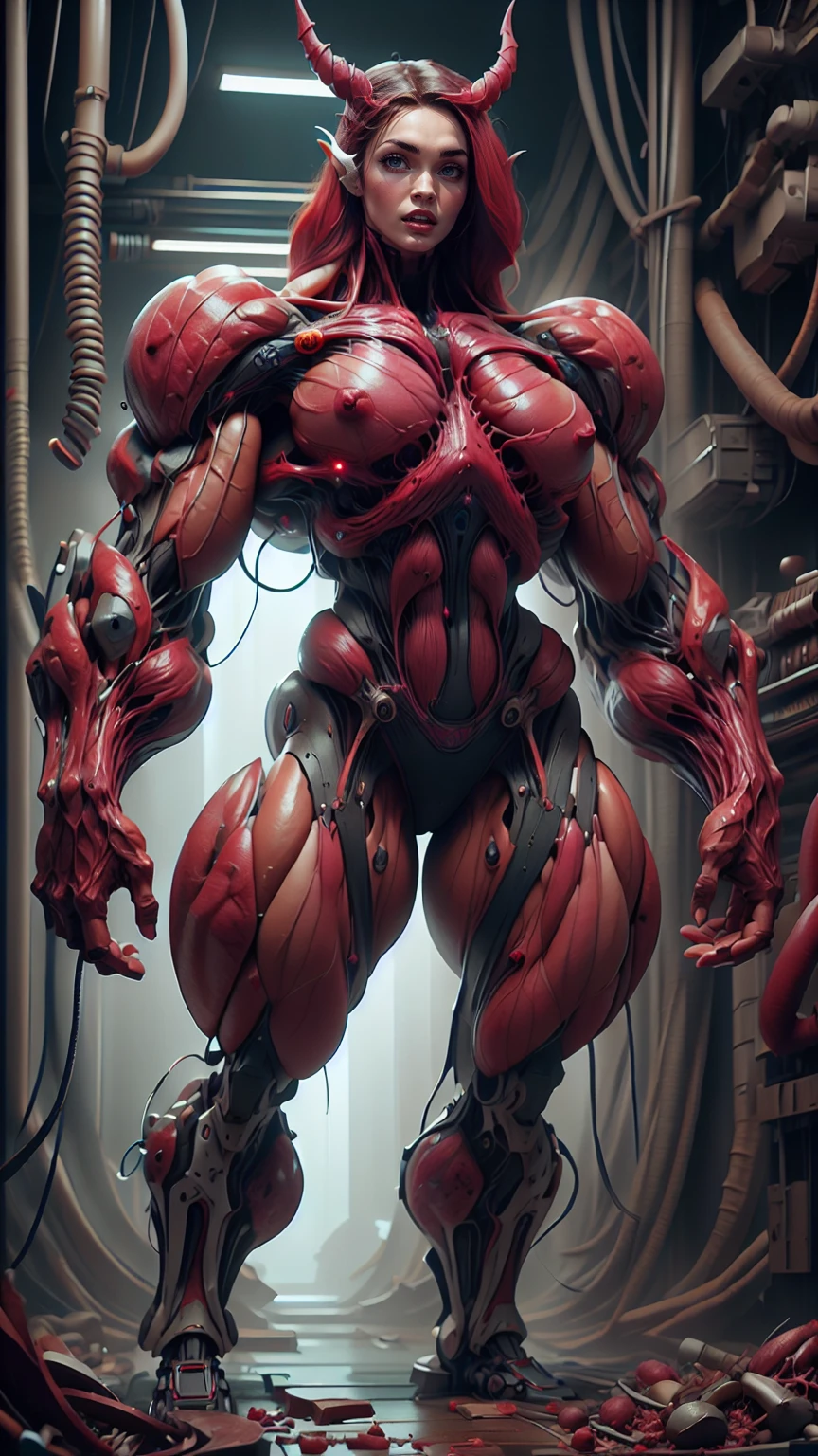 Cinematic, clear facial features and insanely detailed, the image captures the essence of (1 girl), (megan fox:1.25), (long red hair), (carnage skinless physique:1.25), (1 super muscular undead skinless succubus with gigantic horns:1.25), (covered in red necrotic rotting skinless muscle:1.25), (exposed muscles & veins everywhere:1.25), (perfect fingers:1.25) (full body pose:1.25). The color grading is beautifully done, enhancing the overall cinematic feel. Unreal Engine makes her appearance even more mesmerizing. With depth of field (DOF), every detail is focused and accentuated, drawing attention to her eyes and hair. Peak image resolution utilizing super-resolution technology ensures pixel perfection. Cinematic lighting enhances her aura, while anti-aliasing techniques like FXAA and TXAA keep the edges smooth and clean. Adding realism to the muscular bio-mecha succubus , RTX technology enables ray tracing. Additionally, SSAO (Screen Space Ambient Occlusion) gives depth and realism to the scene, the girl's presence even more convincing. In the post-processing and post-production stages, tone mapping enhances the colors, creating a captivating visual experience. The integration of CGI (Computer-Generated Imagery) and VFX (Visual Effects brings out her demonic features seamlessly . Incredible level of detail, with intricate elements meticulously crafted, the artwork hyper maximalist and hyper-realistic. Volumetric effects add depth and dimension, with unparalleled photorealism. 8k resolution rendering ensures super detailed visuals. The volumetric lighting adds a touch of magic, highlighting her beauty and aura in an otherworldly way. High Dynamic Range (HDR) tech makes the colors pop, adding richness to the overall composition. Ultimately, this artwork presents an unreal, yet stunningly real portrayal of an incredibly beautiful bio-mecha succubus girl. The sharp focus ensures that every feature is crisply defined, creating a captivating presence. (girl face:1.45)