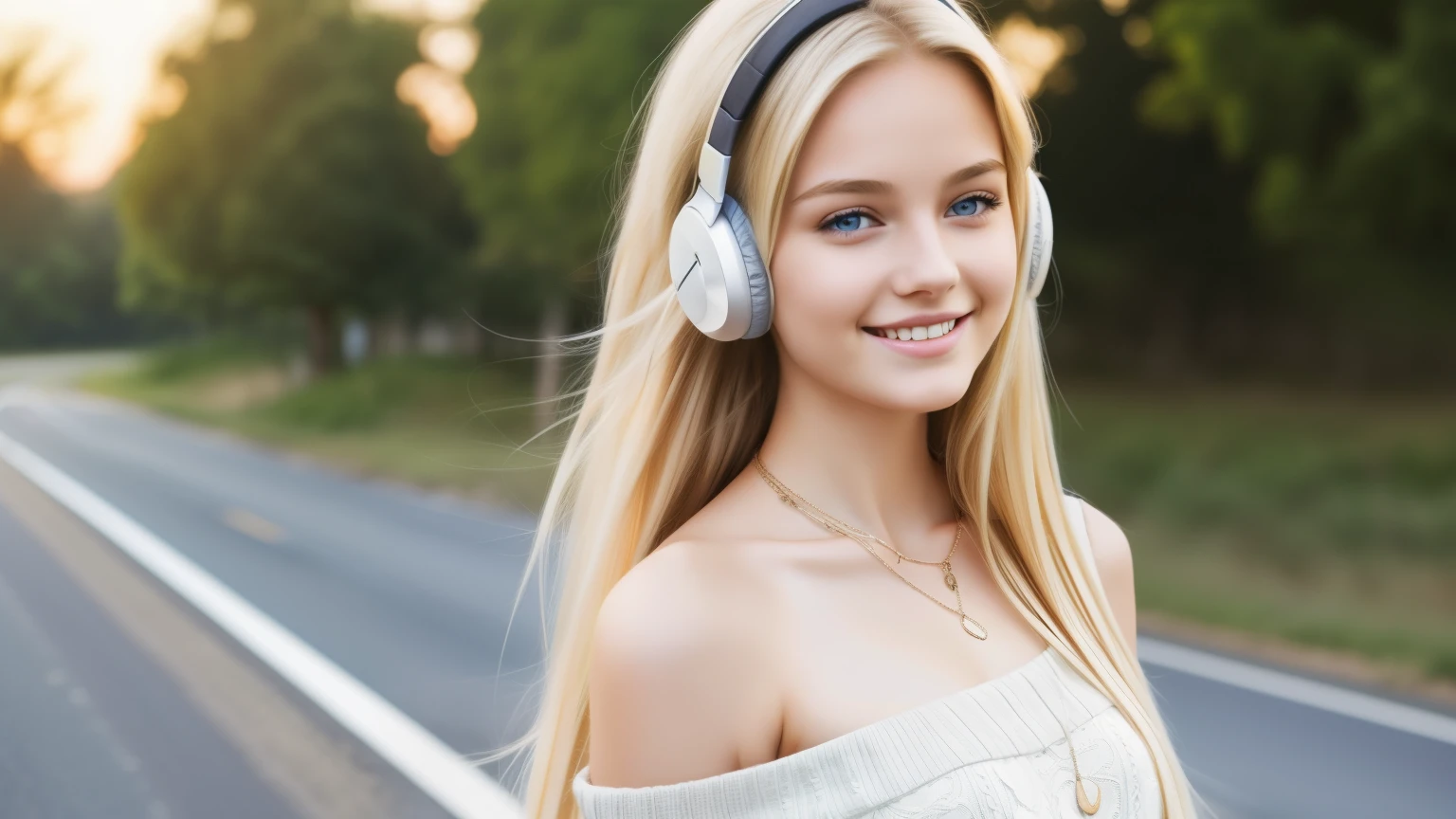 1girl in, age19, Solo, Long hair, Colossal , Looking at Viewer, long messy windy blonde hair, Blue eyes, Bare shoulders, jewely, Full body, a necklace, off shoulders, Sweaters, Realistic, A sexy, smile, headphone