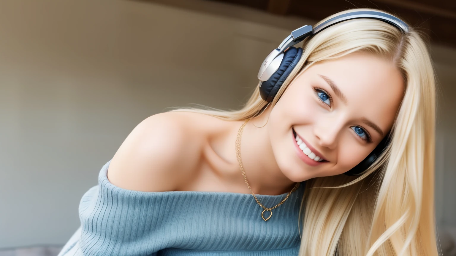 Create an image of a blonde Slavic woman. Her hair is styled in long, curly. playing video games, sitting on the couch, only wearing underwear, knee high socks, headset