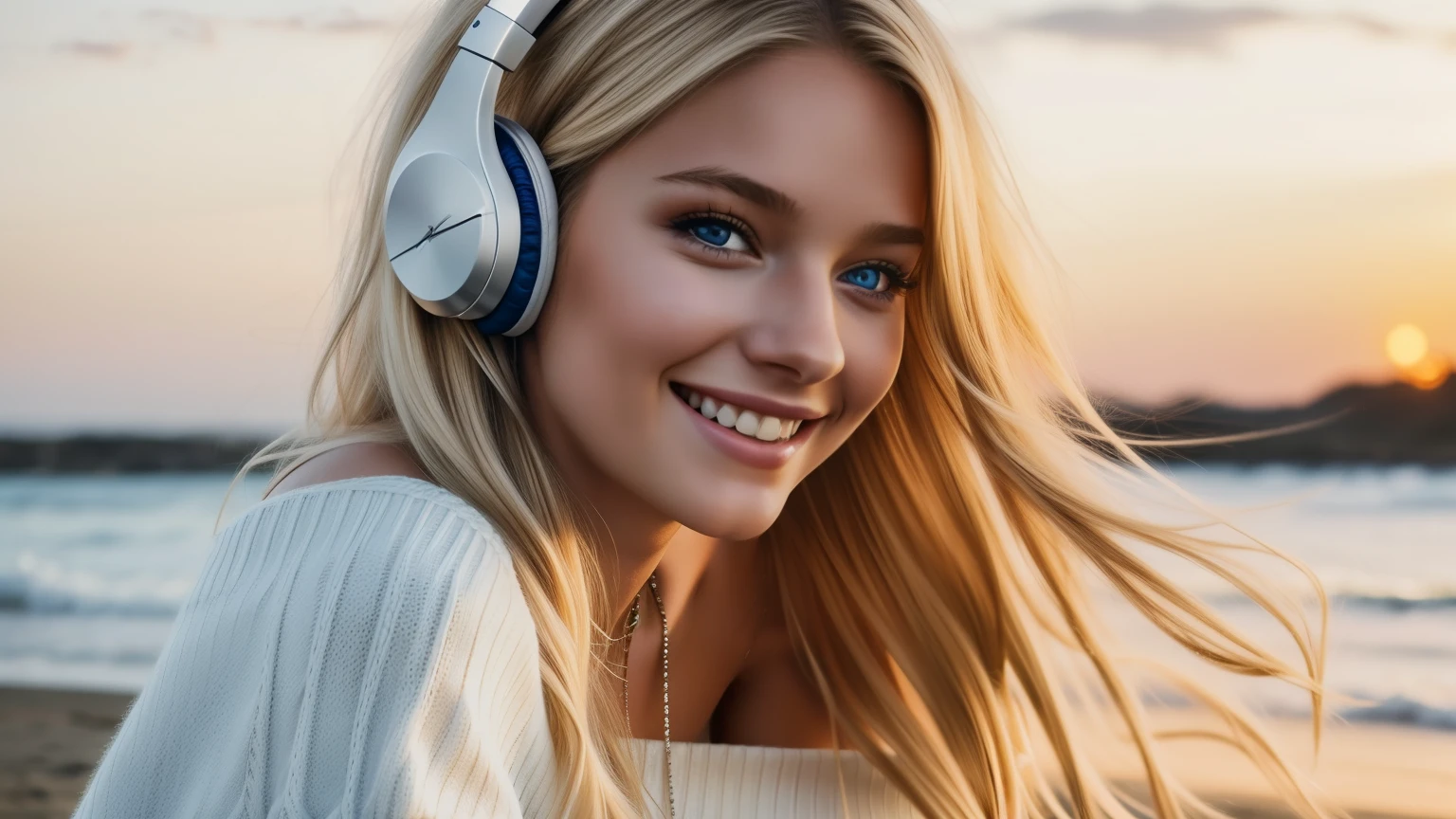1girl in, age19, Solo, Long hair, Colossal , Looking at Viewer, long messy windy blonde hair, Blue eyes, Bare shoulders, jewely, Full body, a necklace, off shoulders, Sweaters, Realistic, A sexy, smile, headphone