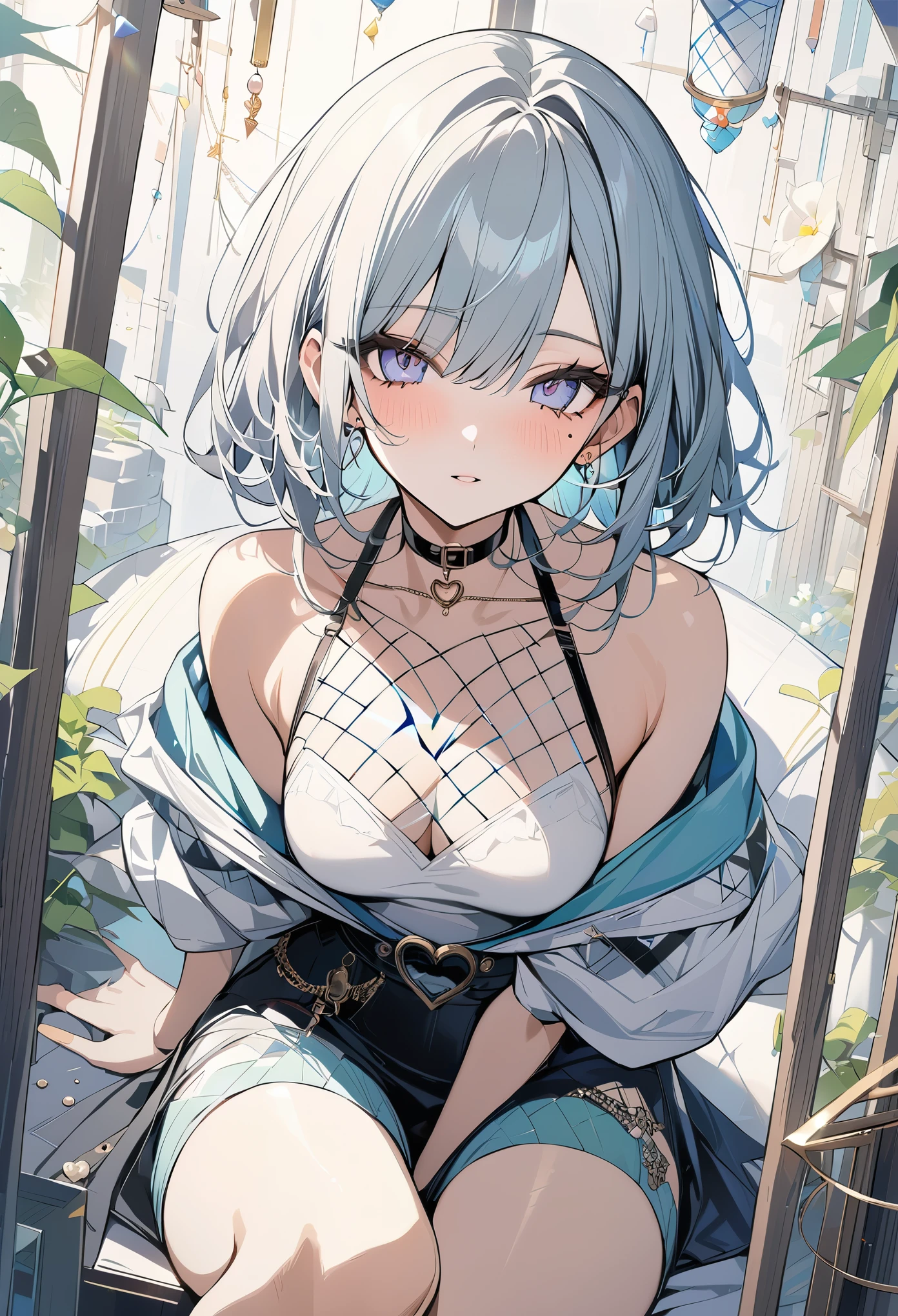 ,beautiful flower々),mole under eye, heart shaped choker, (masterpiece, highest quality), official art, beautiful and aesthetic: 1.2), (1 girl), very detailed, (geometry art: 1.3), colorful