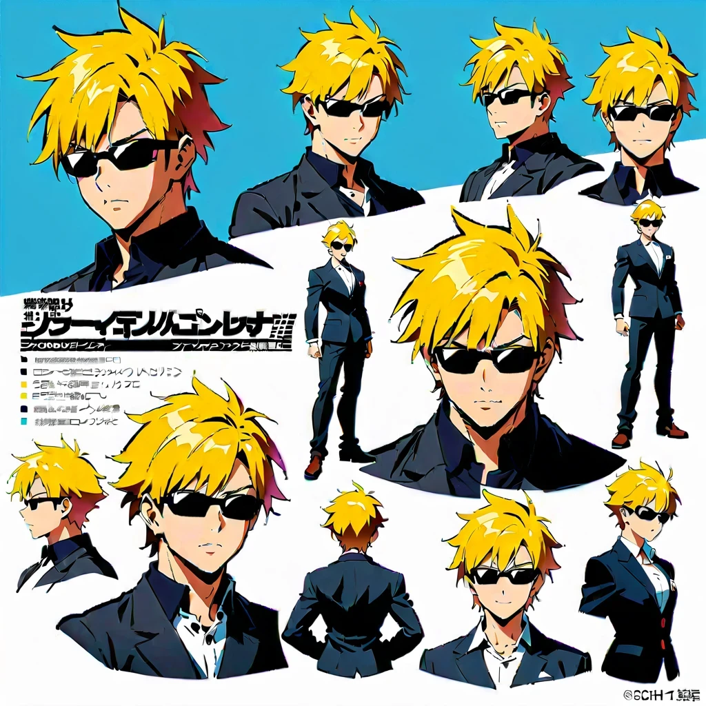 anime style characters, yellow hair, muscular man, Various poses and expressions, black sunglasses, black sleeveless shirt, white vest, long sleeve blazer, dark pants, Detailed full body concept art, Detailed anime character art, super cool, Inspired by concept art by Takanori Akiyama, Popular on Pixiv, Best Anime Character Design, Character reference table, Regeneration Stable Diffusion