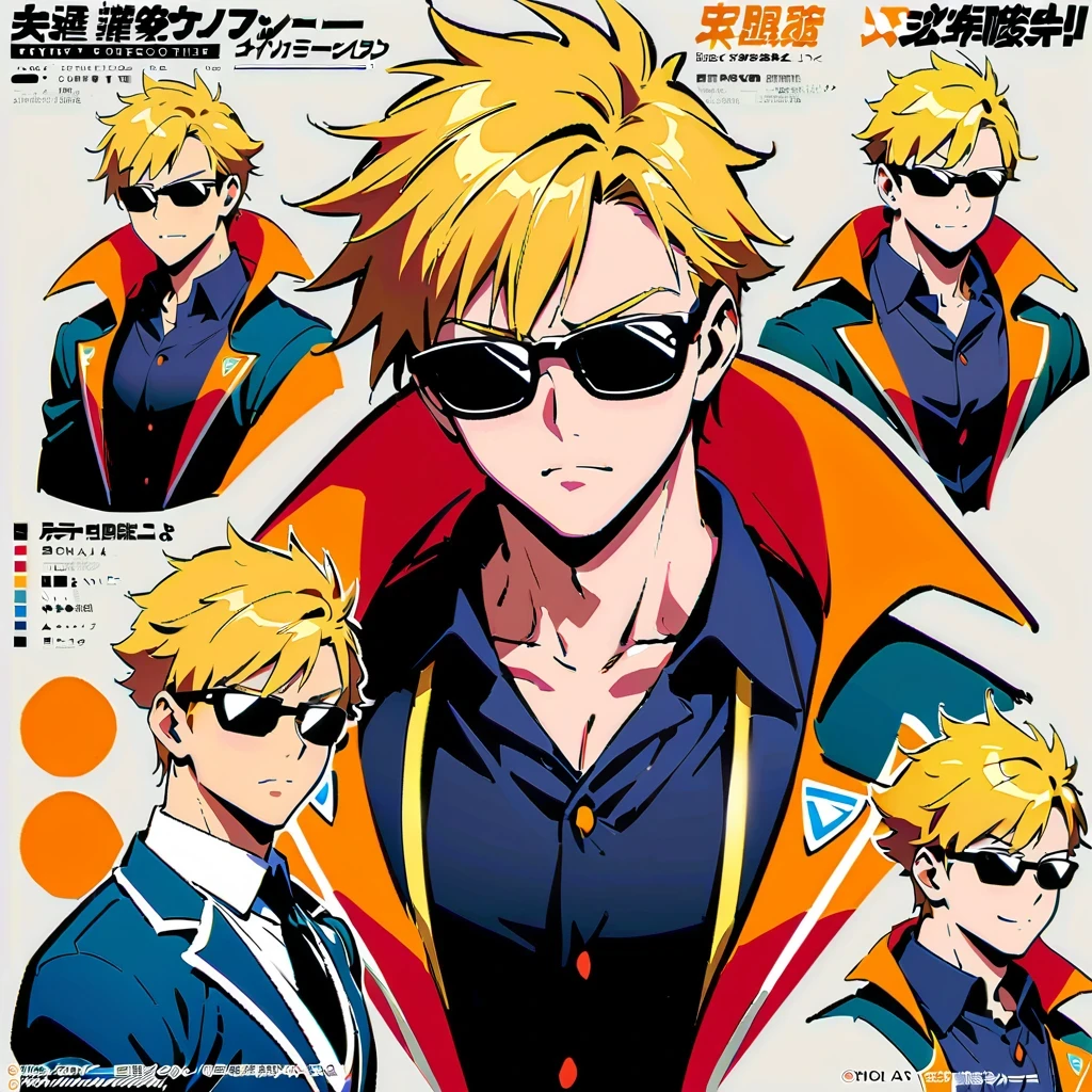 anime style characters, yellow hair, muscular man, Various poses and expressions, black sunglasses, black sleeveless shirt, white vest, long sleeve blazer, dark pants, Detailed full body concept art, Detailed anime character art, super cool, Inspired by concept art by Takanori Akiyama, Popular on Pixiv, Best Anime Character Design, Character reference table, Regeneration Stable Diffusion