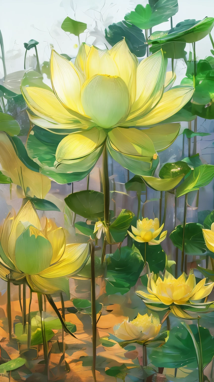 ((There is only one lotus leaf))，golden colored，green color，vein，Glass texture、Light，Spectral light， Gradient translucent glass melt, Caustics, cleanness