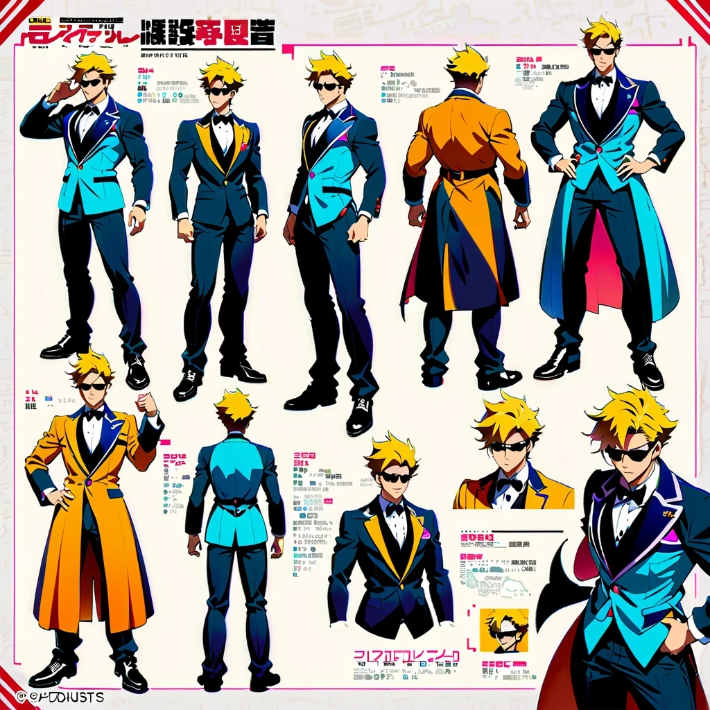 anime style characters, yellow hair, muscular man, Various poses and expressions, black sunglasses, black sleeveless shirt, white vest, long sleeve blazer, dark pants, Detailed full body concept art, Detailed anime character art, super cool, Inspired by concept art by Takanori Akiyama, Popular on Pixiv, Best Anime Character Design, Character reference table, Regeneration Stable Diffusion