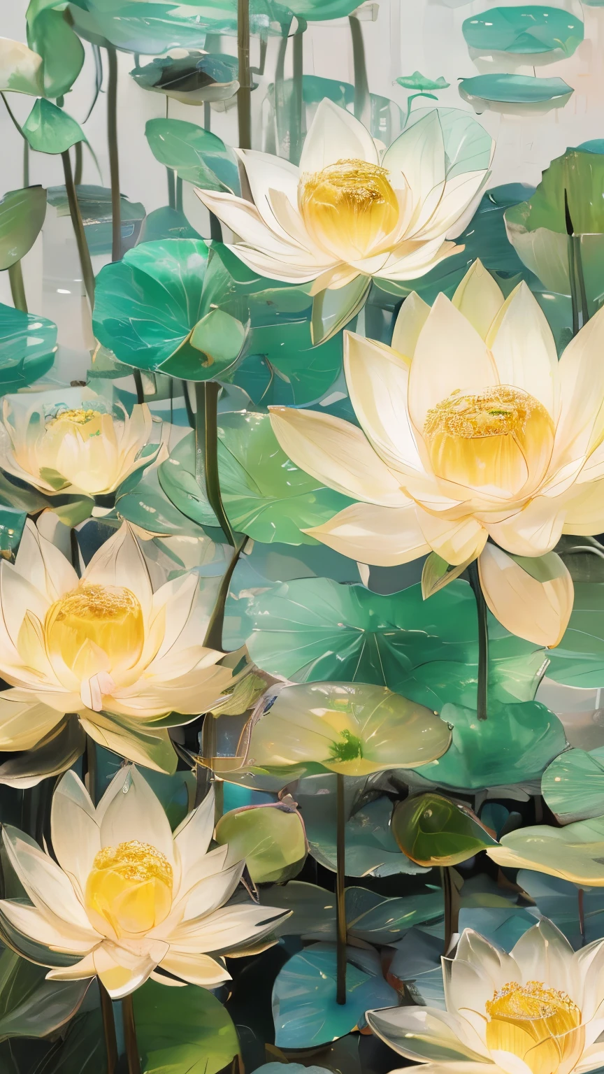 ((There is only one lotus leaf)),golden colored,green color,vein,Glass texture、Light,Spectral light, Gradient translucent glass melt, Caustics, cleanness