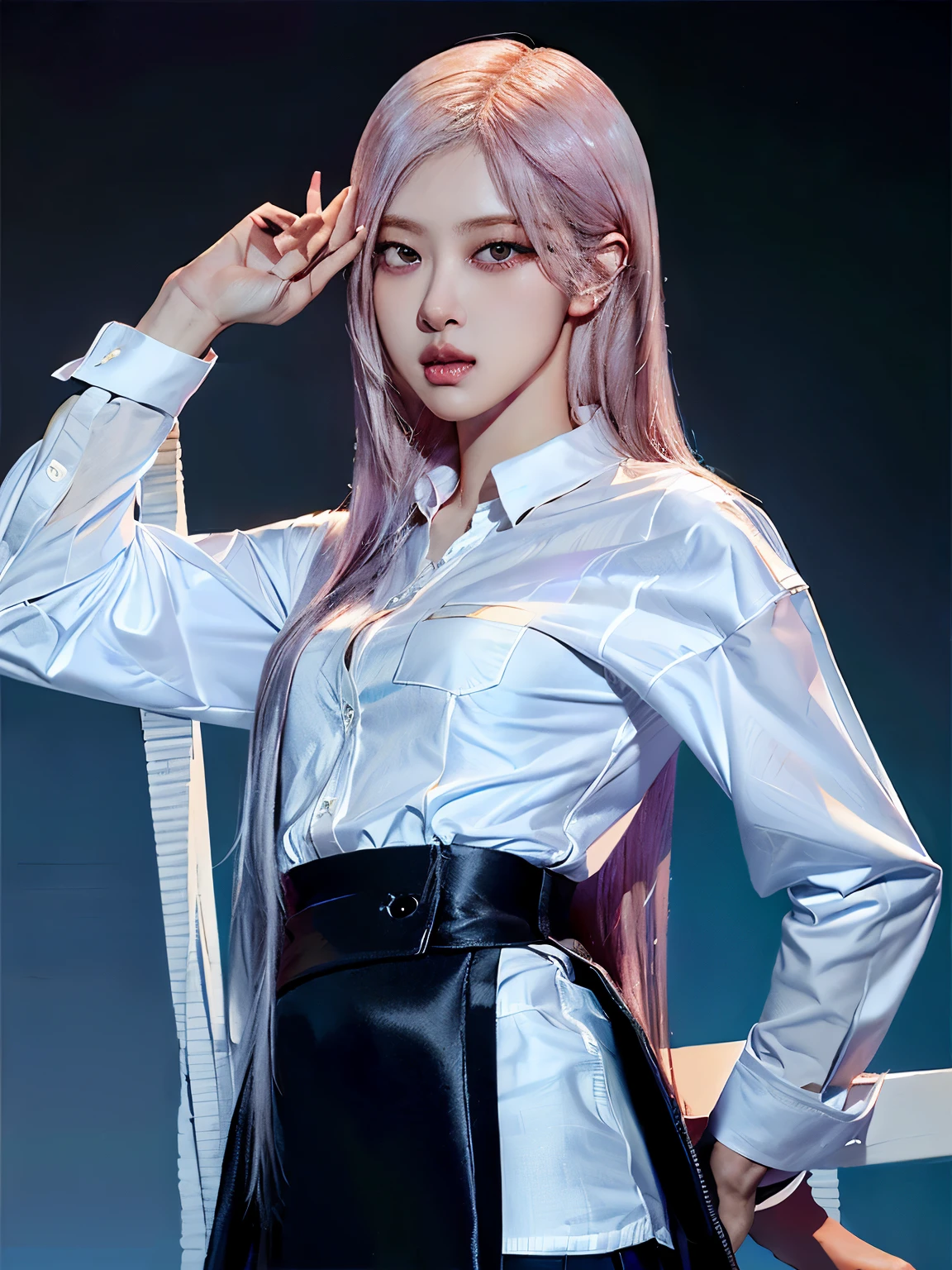 ((Realistic lighting, Best Quality, 8K, Masterpiece: 1.3)), Focus: 1.2, 1girl, Pink hair, Perfect Beauty: 1.4, Slim Abs: 1.1, (White Shirt: 1.4), ( Super Fine Face, Fine Eyes, Double Eyelids,Gorgeous,Jewelry,Dynamic Posing,standing Pose,Dramatic,Cinematic,Detailed background,RAW photography、超A high resolution、show legs，close-up all over the body，Hand optimization），（Details are strengthened），（High Picture Quality）model shoot、Wearing a black skirt、Beautiful Eyes of Details、Very slender eyes、Beautiful eyelashes、beautiful double eyelid