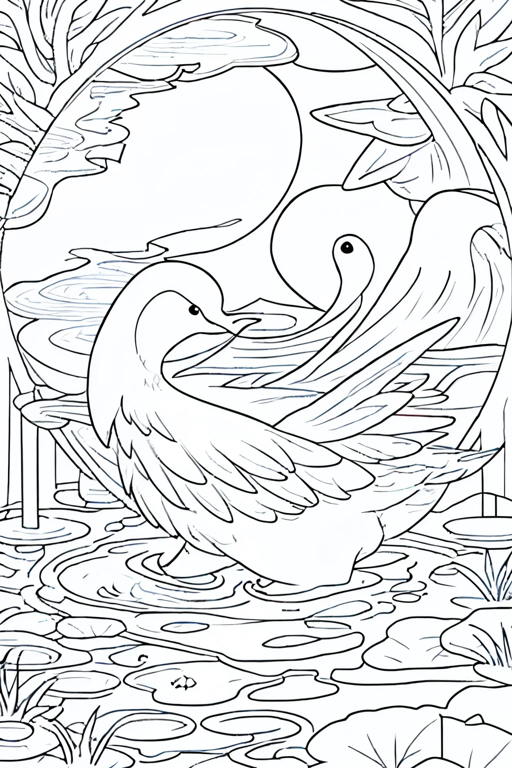 A charming simple outline illustration of ducks gracefully floating on a tranquil, crystal-clear pond. This line art coloring page boasts captivatingly sharp lines, perfect for those seeking a black-and-white artistic experience, devoid of any greyscale shades. Embrace the joy of filling in the blank canvas with your choice of colors, and bring these adorable waterfowl to life.