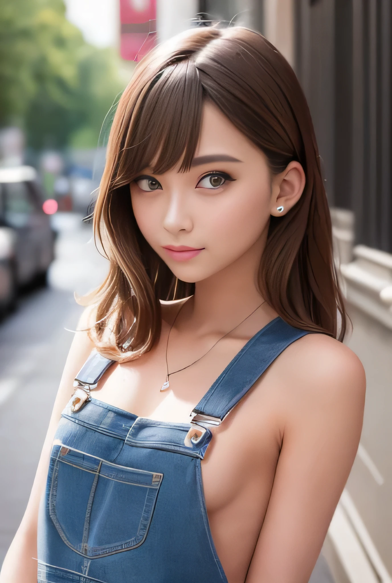 masterpiece, highest quality, one girl, (beautiful girl, delicate girl:1.3), (20-year-old:1.3), very fine resolution, (symmetrical eyes:1.3), （NSFW:1.1), (Street view:1.2), (bare shoulders, For bare skin,overalls:1.3),(big breasts,cleavage), (brown eyes, parted bangs, brown hair), (Eye and face details:1.0), (upper teeth, best smile:0.1), (get closer to the face, face focus:1.0)